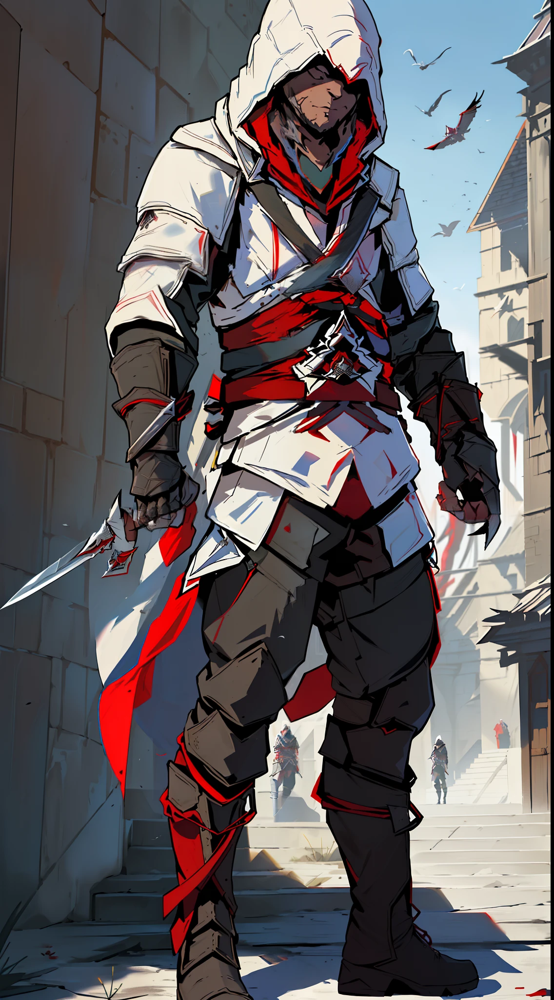 ((((Assassin's Creed)) solo, 1boy, (long sleeves), holding, (closed mouth), (full body standing), weapon, (male focus), boots, outdoors, day, belt, sword, pants, hood, cape, (black footwear), sash, bird, (shaded face), building, sheath, (hood up), sheathed, stairs, vambraces, (weapon on back), 4k))