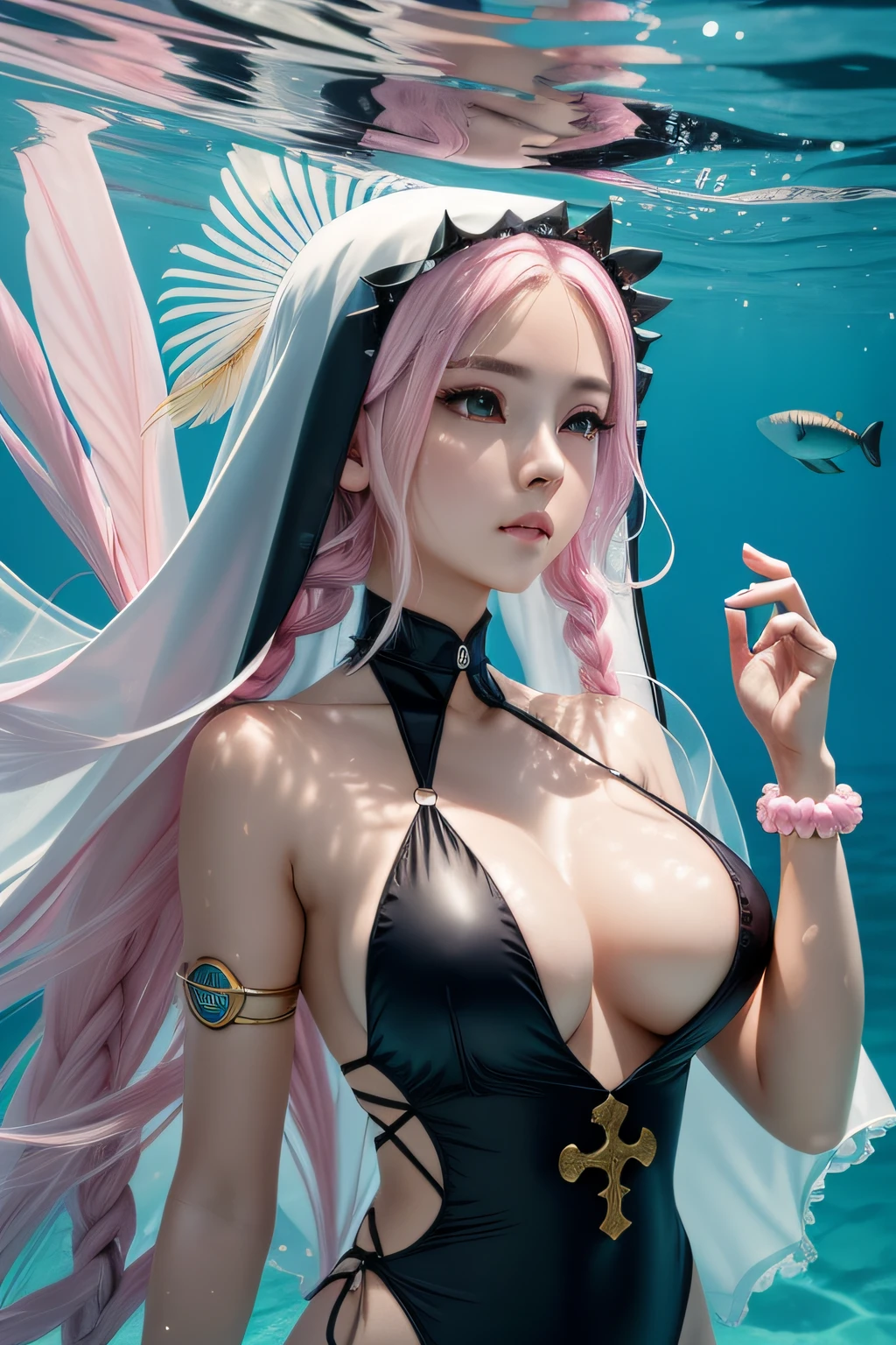 ianimal aqua_eyes black_hair blonde_hair braids breasts bubbles collar cross feathers fish long_hair nun original pink_hair  sideboob swimsuit underwater water wristwear yueyingjinfeng