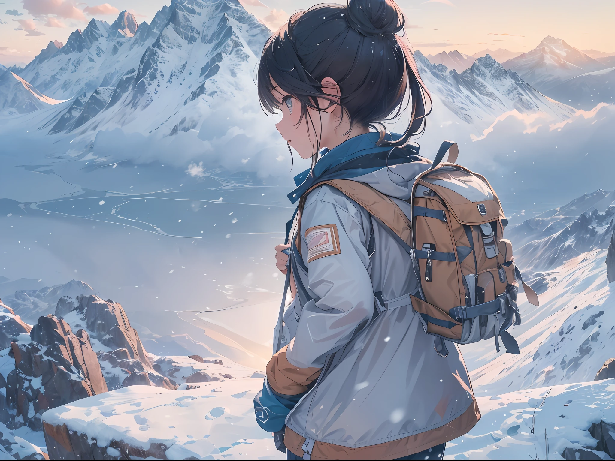 (masterpiece:1.0), (best quality:1.0),(ultra detailed:1.0), 1girl,black hair,hair bun,blue jacket,climbing uniform,snow jacket,winter clothes,backpack,mountain,sunrise,sea of clouds,(looking away,from behind,looking ahead:1.4)