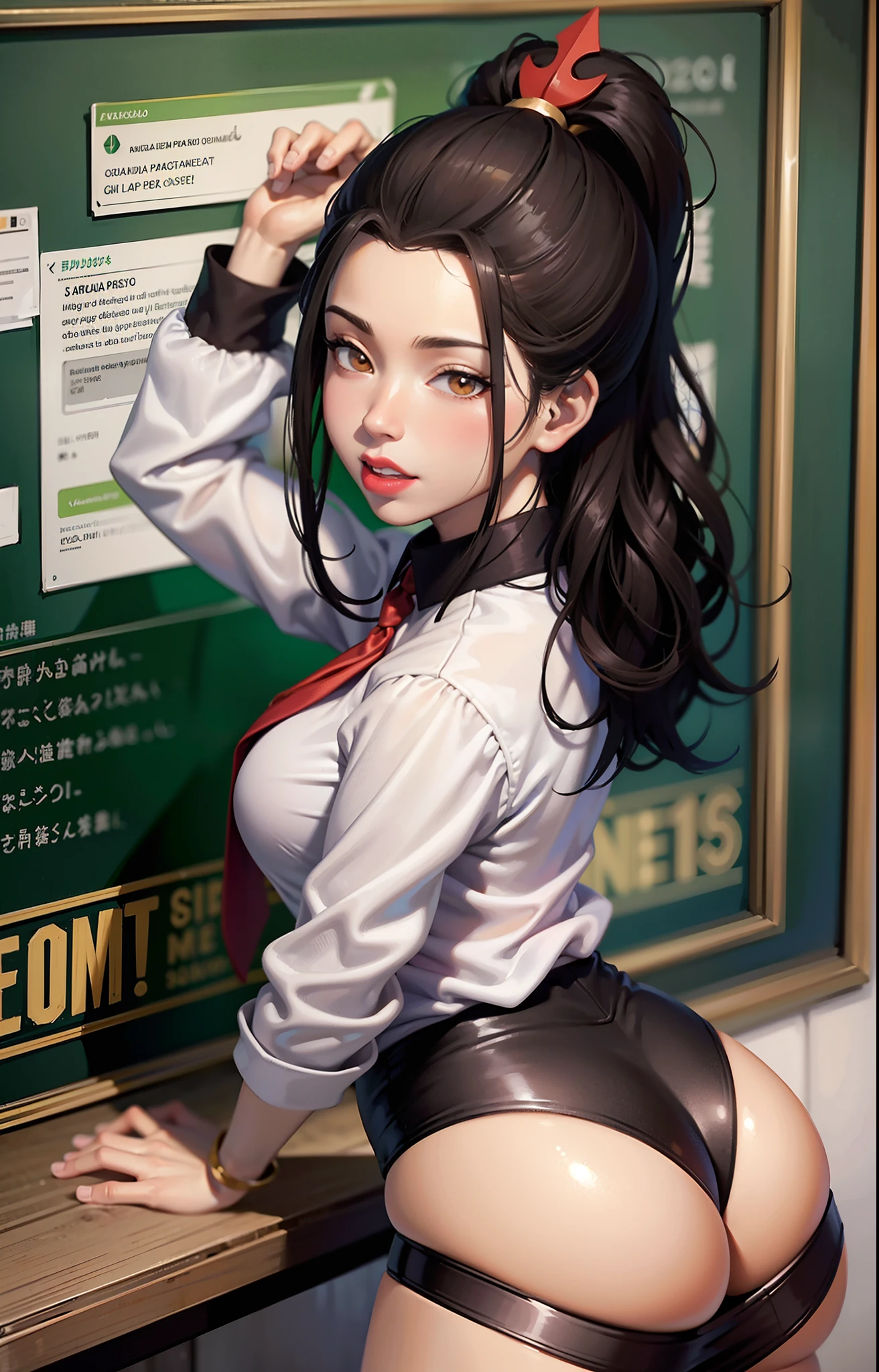 Obra maestra, La mejor calidad, solamente, 1girl, Azula, boca cerrada, sonrisa afectada, maquillaje, escote, (Camisa blanca, minifalda, bragas), caderas anchas, ASS, grande, En pie, Piernas separadas, lipstick, Mirando al espectador, Antecedentes escolares, Escritorios, blackboard, erotismo, Gyaru, colegiala-
