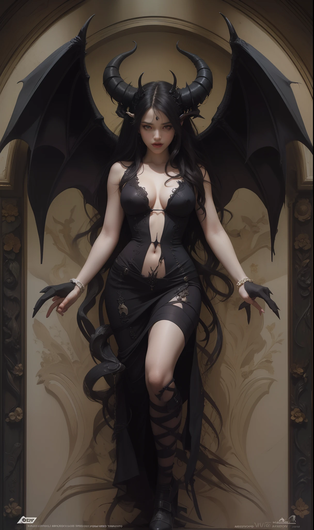 Beautiful full body photograph of perfect ((demonic Succubus)), slender body, ((big heavy breasts)), shapeless long hair, tiny horns, (wearing revealing gothic outfit), perfect features, abstract beauty, near perfection, pure form, ((dynamic pose)), ethereal demonic background, ((dark shadows)), ((rim lighting)), concept art by Greg Rutkowski and John William Waterhouse and Alphonse Mucha, stunning details, intricate details, 8k post-production, High resolution, super details, trending on ArtStation, sharp focus, depth of field f/1.8, studio photo.