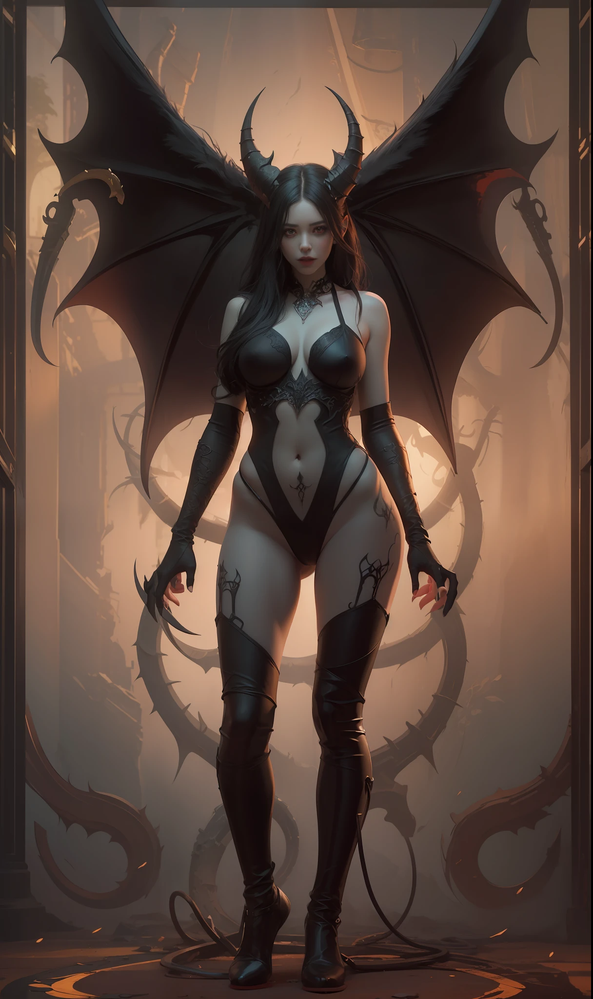 Beautiful full body photograph of perfect ((demonic Succubus)), slender body, ((big heavy breasts)), shapeless long hair, tiny horns, (wearing revealing gothic outfit), perfect features, abstract beauty, near perfection, pure form, ((dynamic pose)), ethereal demonic background, ((dark shadows)), ((rim lighting)), concept art by Greg Rutkowski and John William Waterhouse and Alphonse Mucha, stunning details, intricate details, 8k post-production, High resolution, super details, trending on ArtStation, sharp focus, depth of field f/1.8, studio photo.
