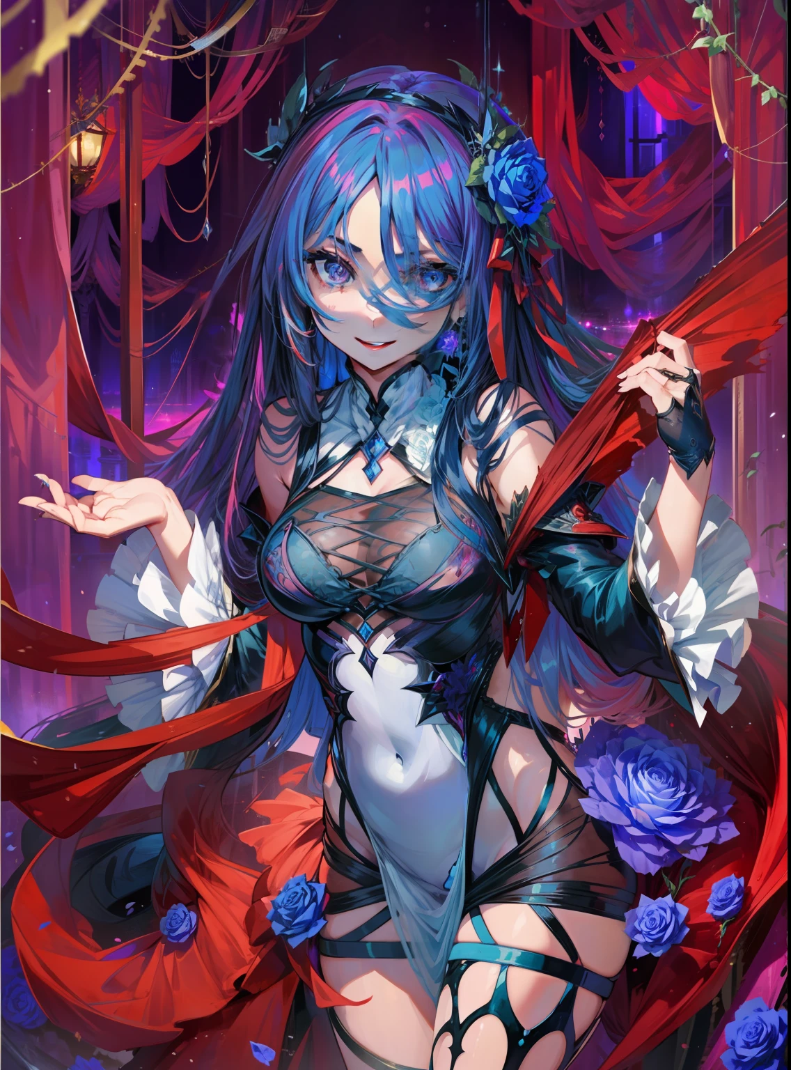 Rose Queen. Blue Rose.Female Solo. Sexy atmosphere. sadistic smile。disaster々Seabral Garden。Vine entangles in the body。Thorny costume。