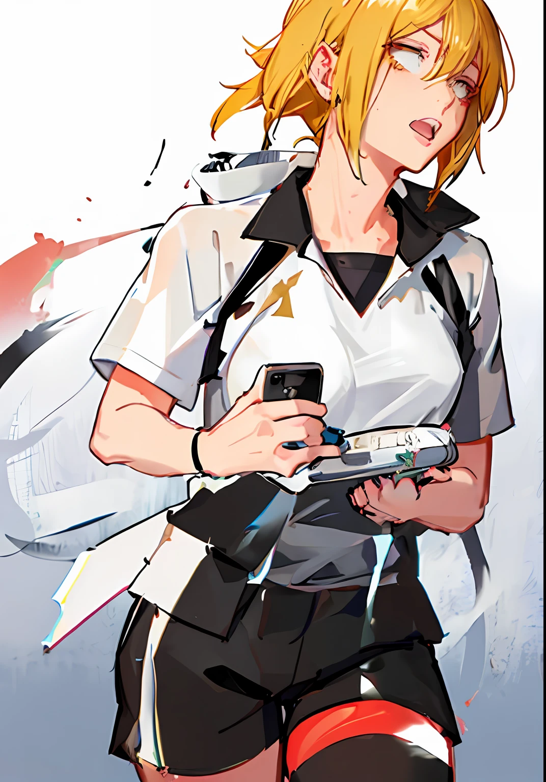 1girl white shirt and black shorts, beatiful face, Shot hairstyle, (Kenma's hairstyle:1), Sportswear School Wear,