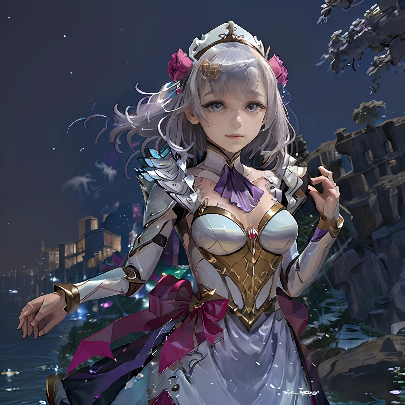 Genshin Noelle's two-dimensional body floats in the night sky,Blue eyes twinkle,Dreamy purple and silver two-tone hair fluttering,Wearing gorgeous white martial arts costumes,A ribbon is tied around the neck,Three-dimensional and beautiful face,Delicate and gorgeous water droplets splash around,Clouds dance softly,Creates a dark twilight atmosphere。
