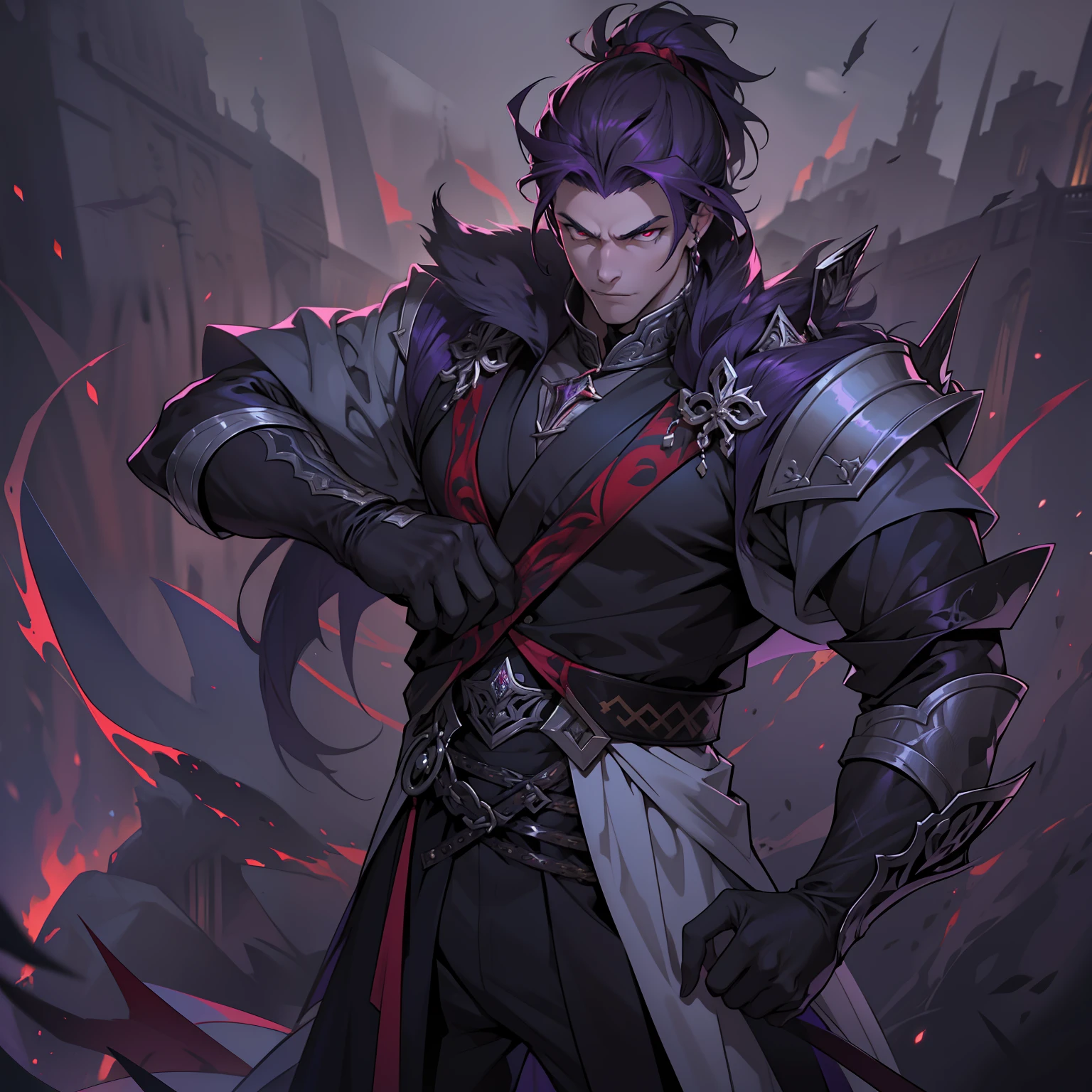 like all the demon princes, I am quite tall. I have purple hair tied back in a ponytail, and red eyes with sharp silver pupils. I wear fine clothes, as befits a prince of Hell, though they are always black. My demeanor is haughty, arrogant, and superior to others. I carry myself with confidence and a sense of pride that is unrivaled. When I speak, my words are sharp and my voice is powerful. I am the embodiment of pride and arrogance. handsome male, bara, muscular (8k) (good quality) dark purple hair. Red eyes.