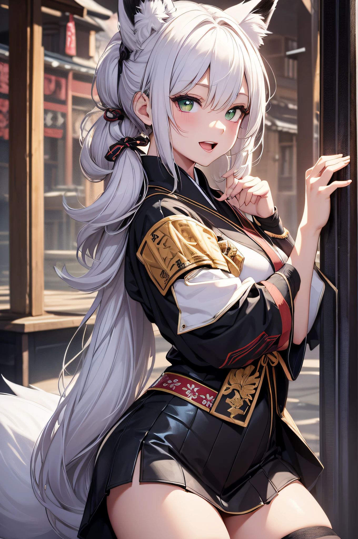 (extremely details CG、8K Wallpapers)、(extremely delicate and beautiful)、(​masterpiece)、(top-quality:1.0)、(超A high resolution:1.0)、beautiful  lighting、perfect lightning bolt、realistic shadow、[hight resolution]、Detailed skin、ultra-detailliert、detailed faces and eyes、Realistic eyes、Sharp pupils、sideshot、Full body, (jpn、Shrine 1.4)、Red torii gate、beauitful face、blurry backround、 beautiful girl、shinny skin, (１The fox tail of the book grows:1.4)、Beautiful silver hair、short-hair、(poneyTail:1.2)、green colored eyes、Fox ears、hair adornments、Smile with open mouth、Curve、(Priestess Costume 1.2)、a miniskirt、wearing kneesocks、