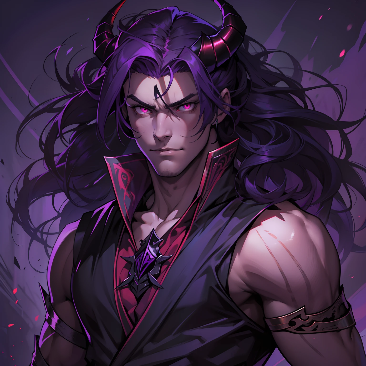 like all the demon princes, I am quite tall. I have purple hair tied back in a ponytail, and red eyes with sharp silver pupils. I wear fine clothes, as befits a prince of Hell, though they are always black. My demeanor is haughty, arrogant, and superior to others. I carry myself with confidence and a sense of pride that is unrivaled. When I speak, my words are sharp and my voice is powerful. I am the embodiment of pride and arrogance. handsome male, bara, muscular (8k) (good quality) dark purple hair. Red eyes.