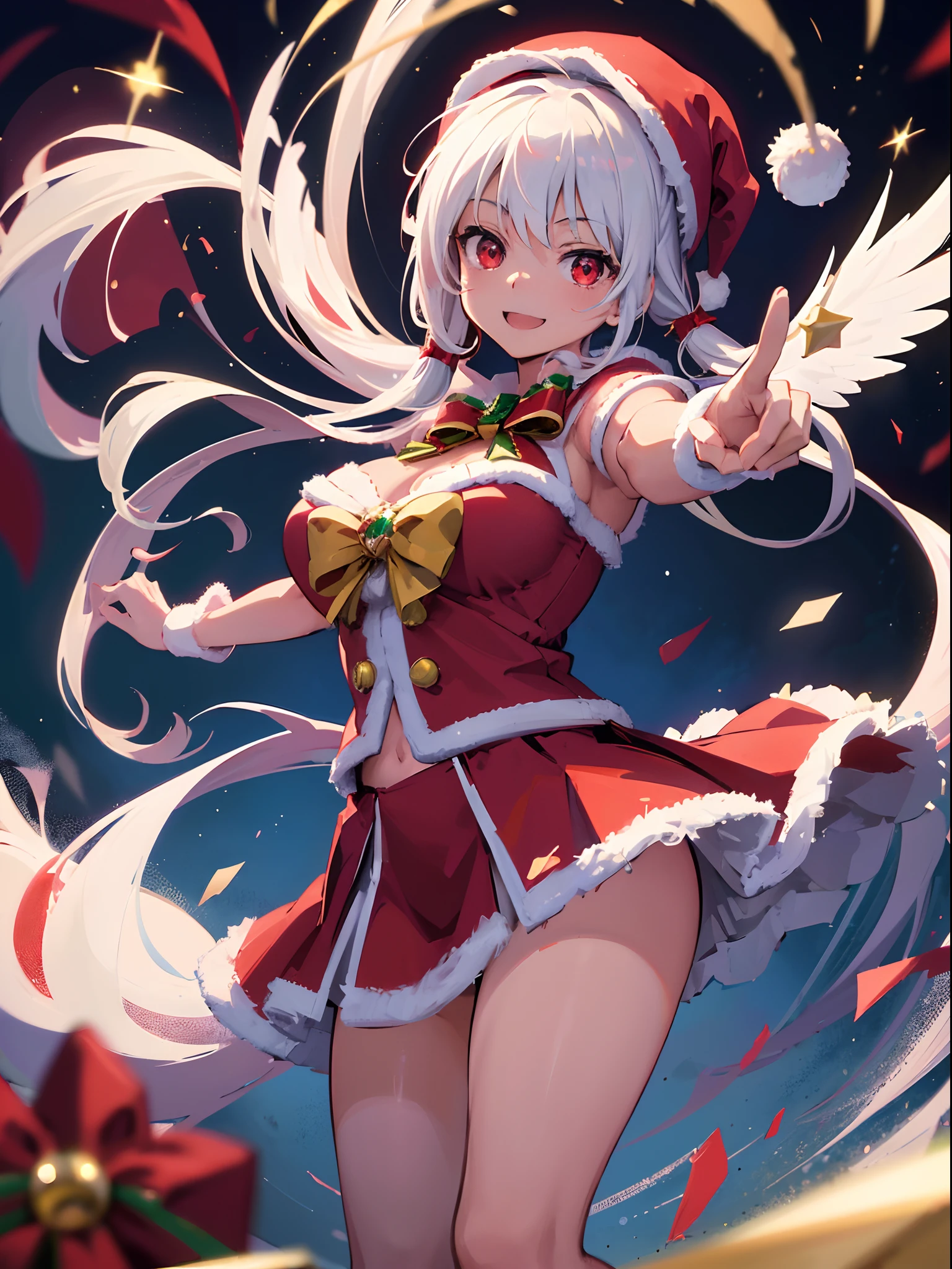(best quality, masterpiece:1.3), illustrations, anime, very high resolution, large filesize, full color, beautiful detailed glow, front light, 1girl, solo, Christmas, santa costume, Santa hat, ((magical girl)), Christmas decorations, smiling, white hair, red eyes, twin tail, angel wing, dynamic angle, magic, battling,