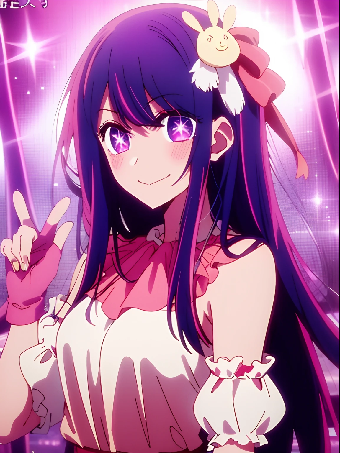 Wear pink gloves、One、A slight smil、The hair、ornament detached、doress、bangss、Ai Hoshino