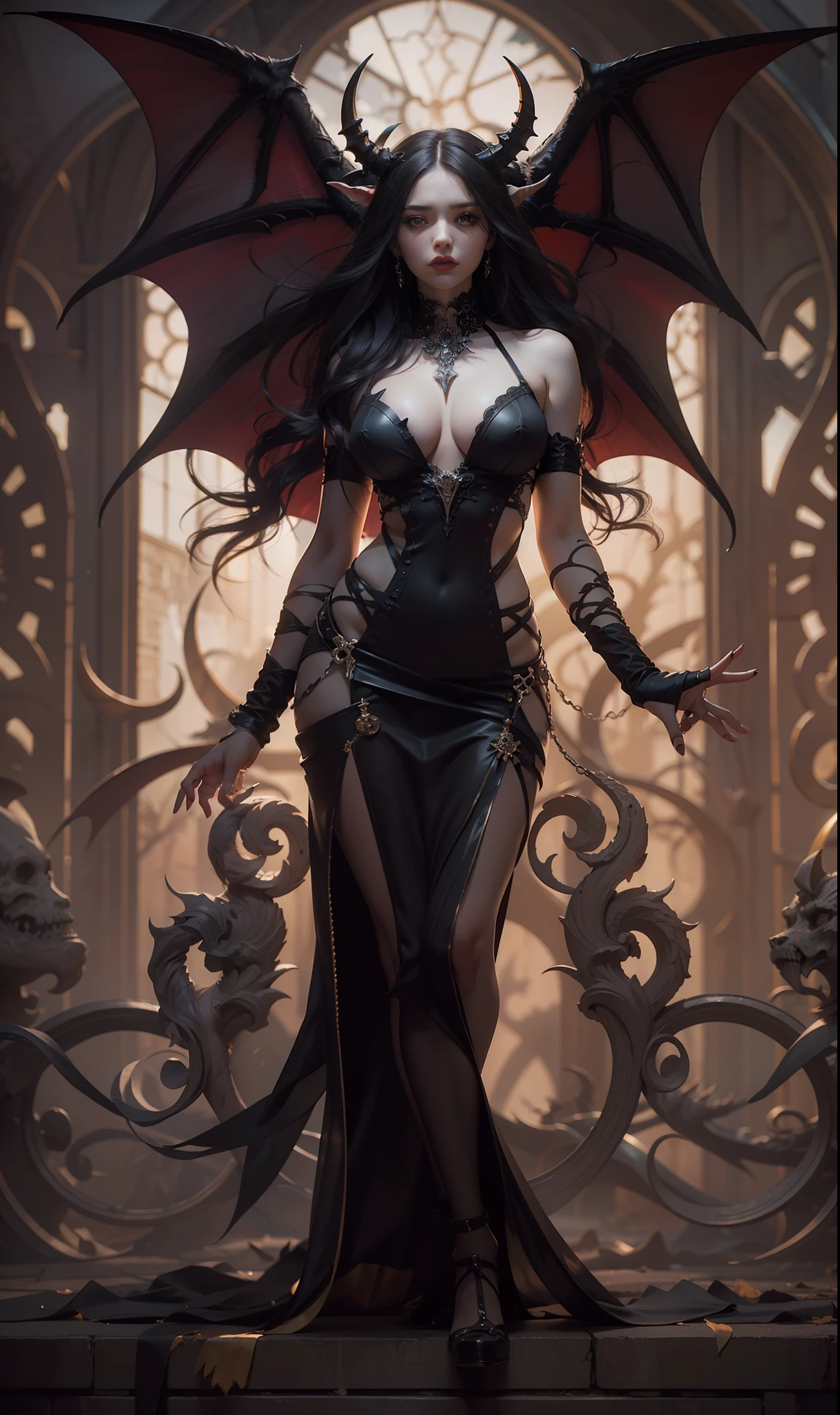 Beautiful full body photograph of perfect ((demonic Succubus)), slender body, ((big heavy breasts)), shapeless long hair, tiny horns, (wearing revealing gothic outfit), perfect features, abstract beauty, near perfection, pure form, ((dynamic pose)), ethereal demonic background, ((dark shadows)), ((rim lighting)), concept art by Greg Rutkowski and John William Waterhouse and Alphonse Mucha, stunning details, intricate details, 8k post-production, High resolution, super details, trending on ArtStation, sharp focus, depth of field f/1.8, studio photo.