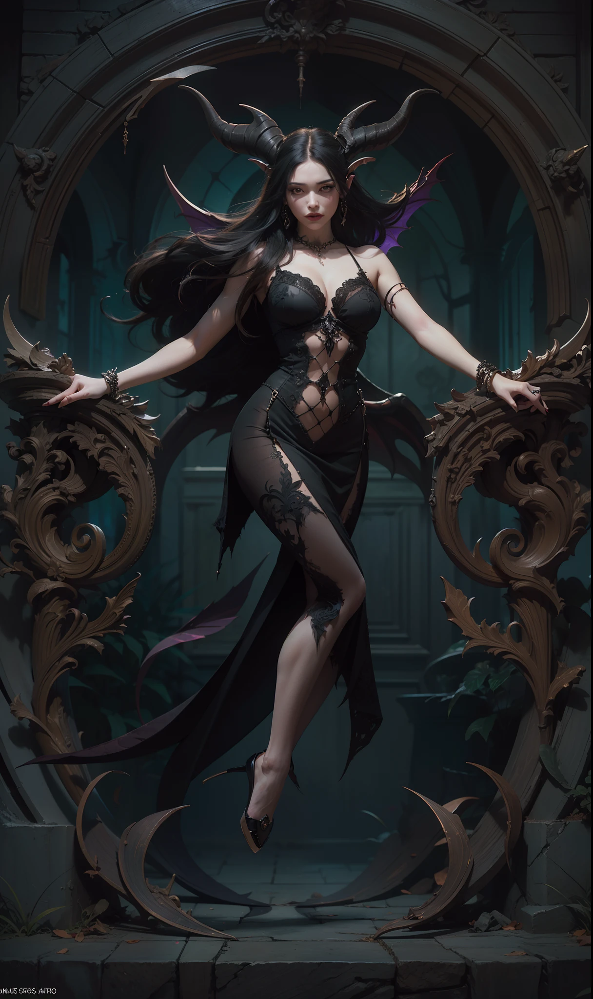 Beautiful full body photograph of perfect ((demonic Succubus)), slender body, ((big heavy breasts)), shapeless long hair, tiny horns, (wearing revealing gothic outfit), perfect features, abstract beauty, near perfection, pure form, ((dynamic pose)), ethereal demonic background, ((dark shadows)), ((rim lighting)), concept art by Greg Rutkowski and John William Waterhouse and Alphonse Mucha, stunning details, intricate details, 8k post-production, High resolution, super details, trending on ArtStation, sharp focus, depth of field f/1.8, studio photo.