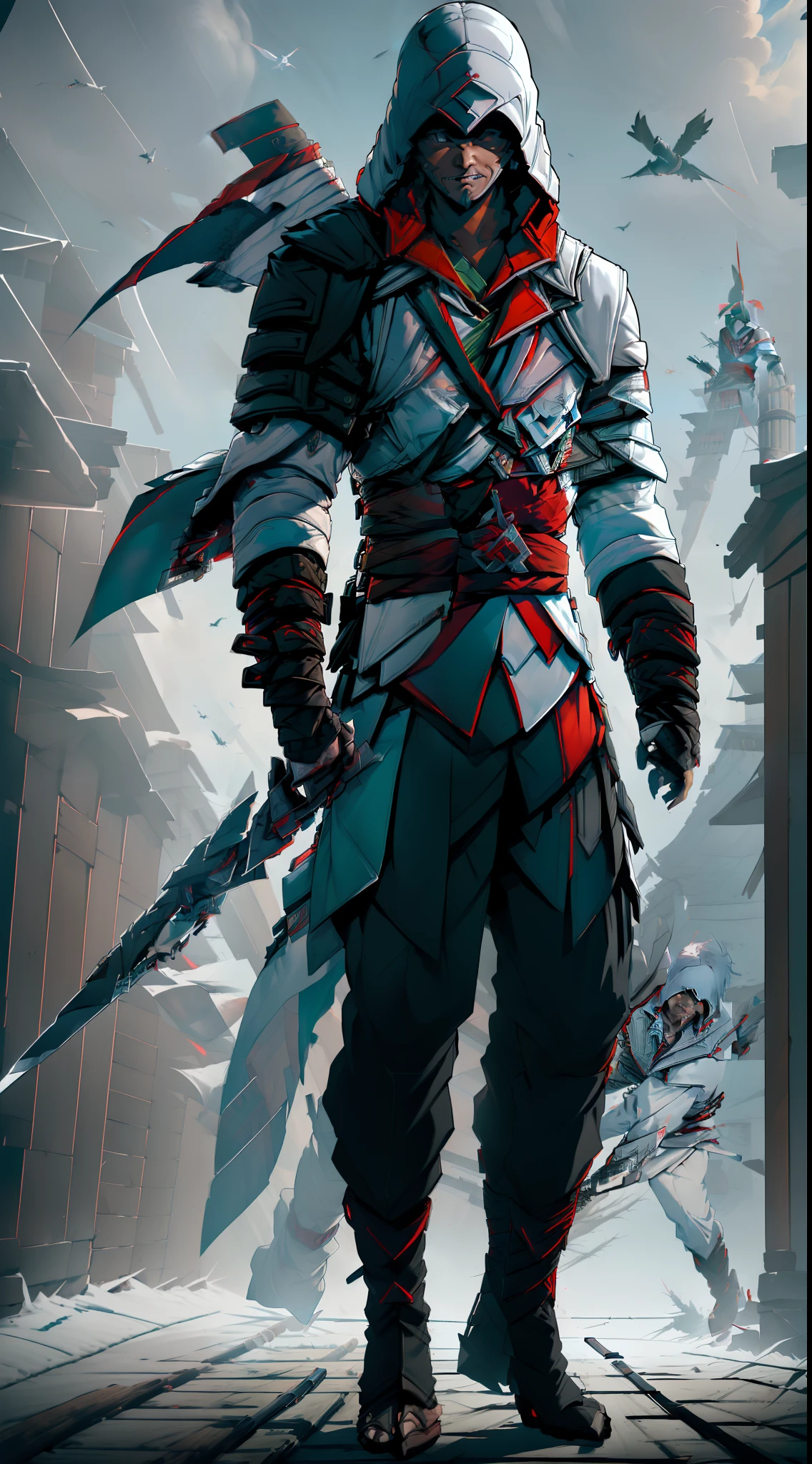 ((((Assassin's Creed)) solo, 1boy, (long sleeves), holding, (closed mouth), (full body standing), weapon, (male focus), boots, outdoors, day, belt, sword, pants, hood, cape, (black footwear), sash, bird, (shaded face), building, sheath, (hood up), sheathed, stairs, vambraces, (weapon on back), 4k))