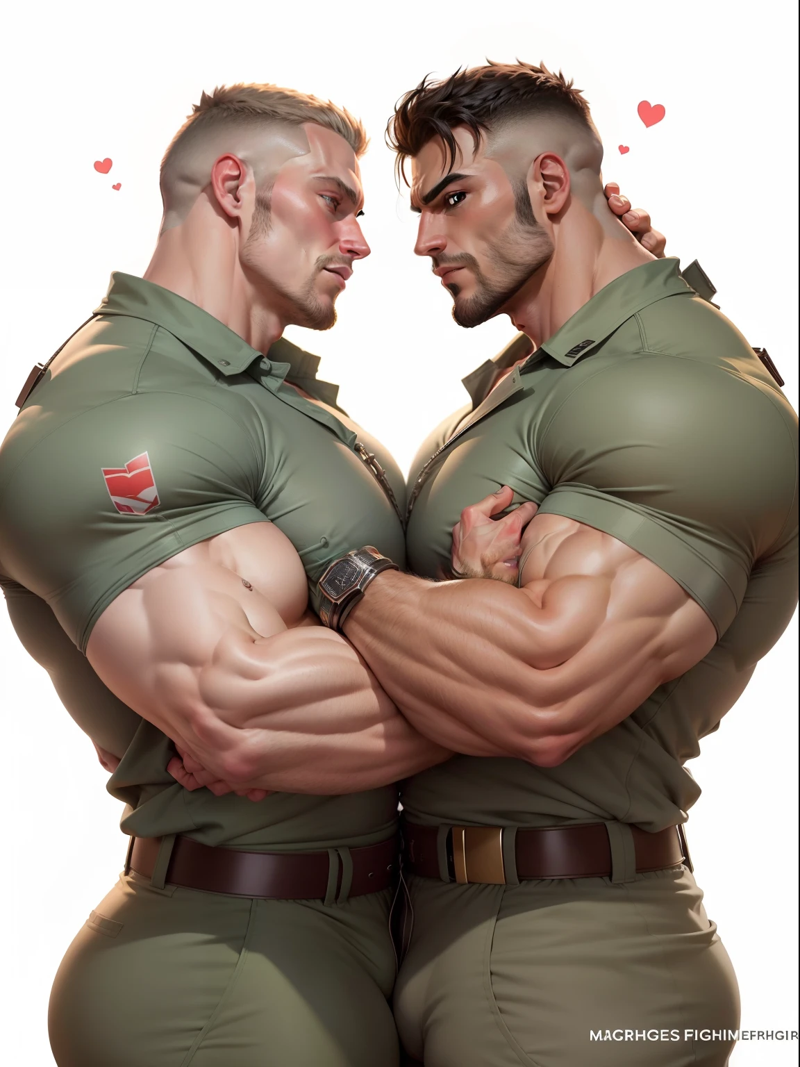 "Two finely chiseled men, wearing only underpants with big bulges beneath, lock eyes with affection, showcasing their impressive muscles as they passionately engage in a display of strength and power."