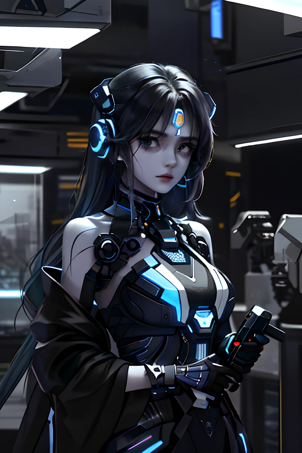 In a dystopian cityscape with flashing neon lights, In flickering holographic billboards and towering metal structures, Standing an extraordinary young woman，She seems to embody grace and strength. Her striking appearance immediately attracted attention，Because her long hair pours down in light blue and black tones, Sparkling like a string of stardust. Her skin, With a subtle metallic sheen, Hints at a world where technology and biology are intertwined in unimaginable ways. Decorated with intricate jewelry，It glows softly under the embedded nanolamp, She exudes elegance，In stark contrast to the gritty urban environment that surrounds it。. Delicate earrings hang down from her ears, Each piece is a miniature work of art, It reflects the fusion of artistry and advanced craftsmanship，Defined her era. inca, What really catches the eye is the futuristic gray gun she's holding，Both familiar and respectful. guns, The embodiment of cutting-edge engineering, With sleek lines and modular design，It hints at its adaptability to various combat scenarios. Its metal surface integrates seamlessly with the advanced nanotechnology interface on her wrist, Form a symbiotic relationship between women and weapons. Stand alone in this unforgiving world, She seems undaunted by the challenges around her. Her eyes, A mixture of determination and contemplation, Betrayal of a story of resilience and courage. It's not just a woman with a gun; She is a symbol of humanity's indomitable spirit, Perseverance in the face of adversity. When the city buzzes，The muffled roar of machinery and the distant echo of a changing society, She still demonstrates the individual's ability to adapt, survive, Thrive even in the most uncertain future.