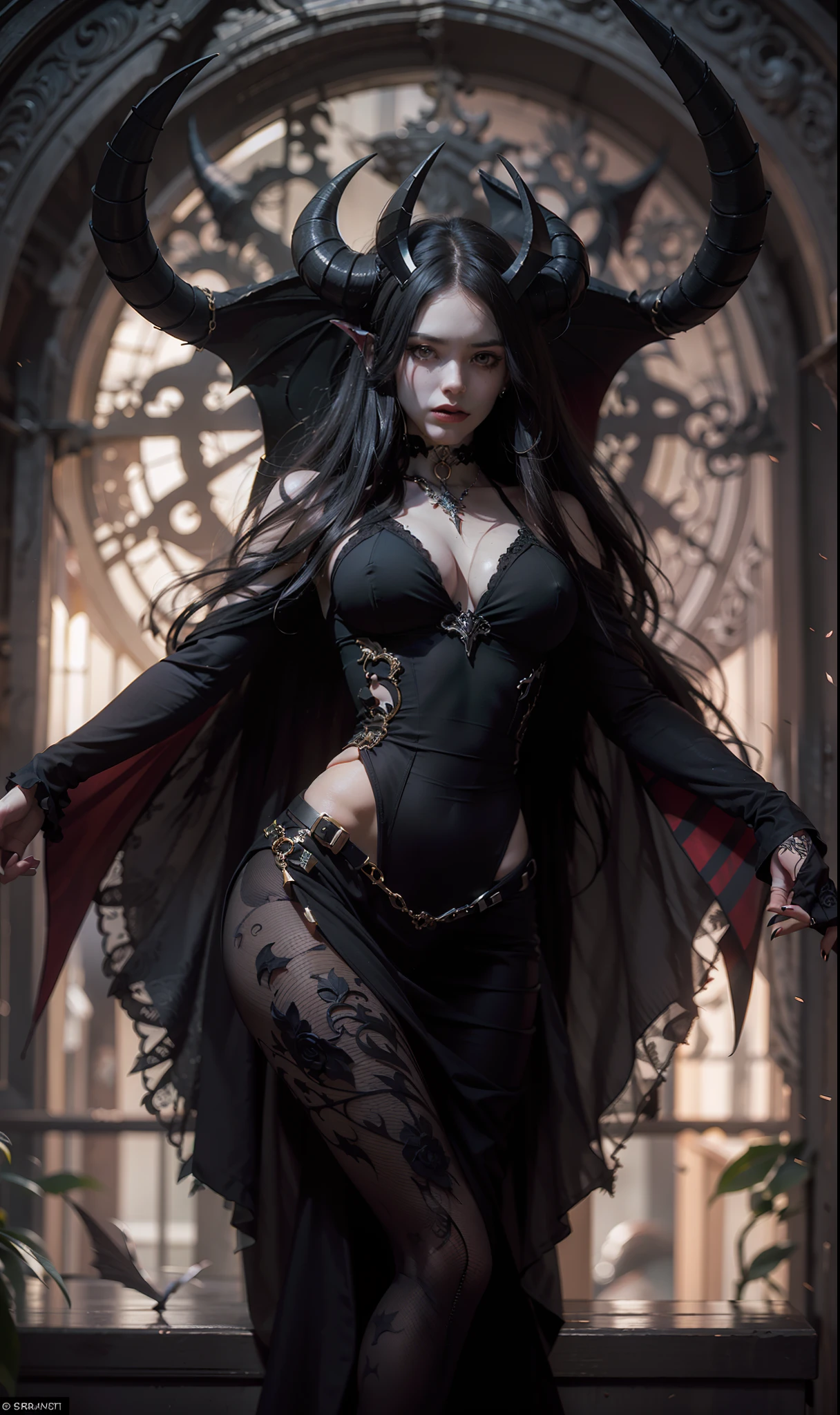 Beautiful portrait photograph of perfect ((demonic Succubus)), slender body, ((big heavy breasts)), shapeless long hair, tiny horns, (wearing revealing gothic outfit), perfect features, abstract beauty, near perfection, pure form, ((dynamic pose)), ethereal demonic background, ((dark shadows)), ((rim lighting)), concept art by Greg Rutkowski and John William Waterhouse and Alphonse Mucha, stunning details, intricate details, 8k post-production, High resolution, super details, trending on ArtStation, sharp focus, depth of field f/1.8, studio photo.