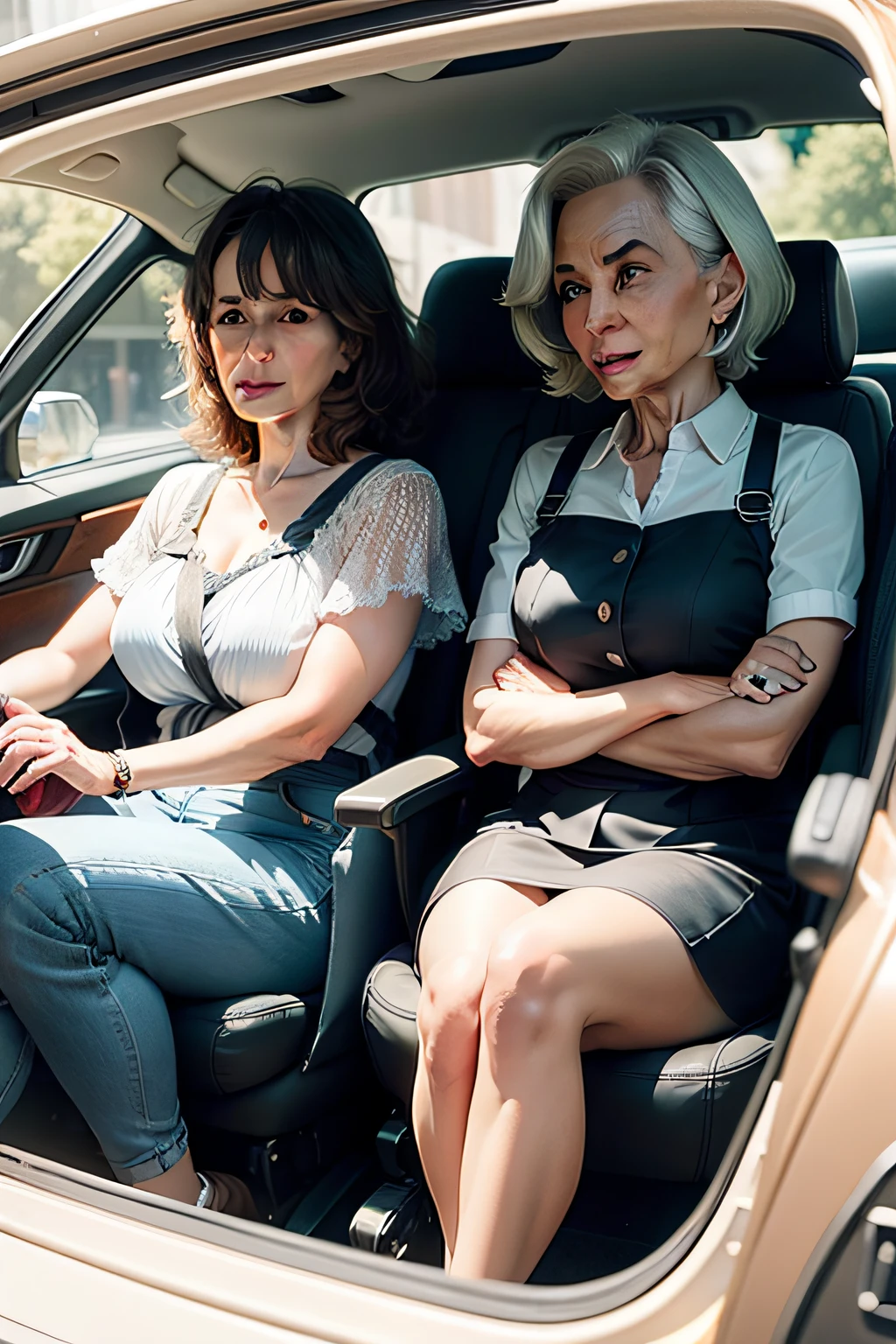 two middle age women sitting in a car. one is driving one is a passenger