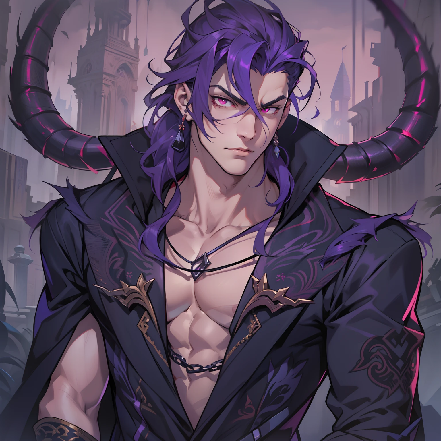 like all the demon princes, I am quite tall. I have purple hair tied back in a ponytail, and red eyes with sharp silver pupils. I wear fine clothes, as befits a prince of Hell, though they are always black. My demeanor is haughty, arrogant, and superior to others. I carry myself with confidence and a sense of pride that is unrivaled. When I speak, my words are sharp and my voice is powerful. I am the embodiment of pride and arrogance. handsome male, bara, muscular