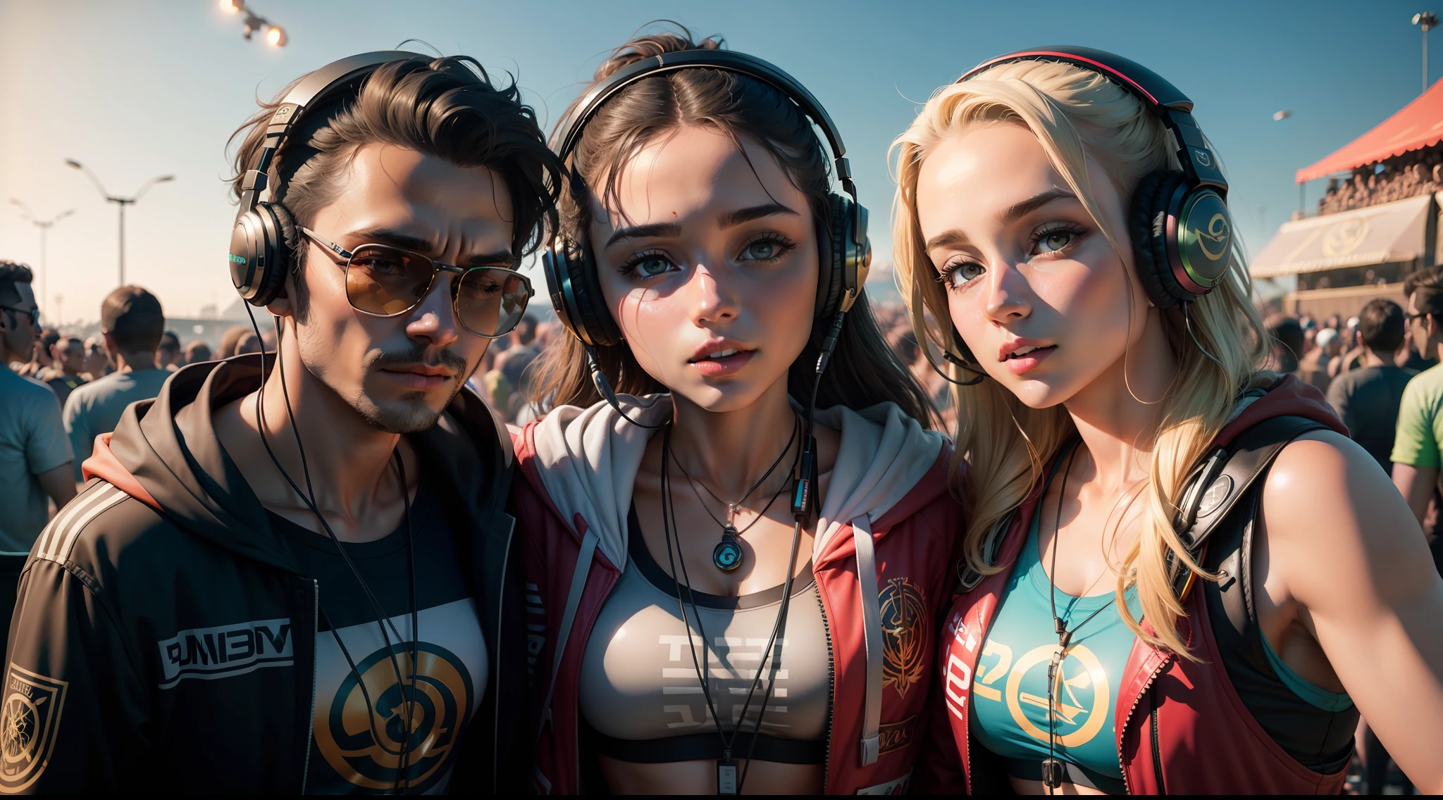 duas pessoas em tomorrowland, com headphones 8k