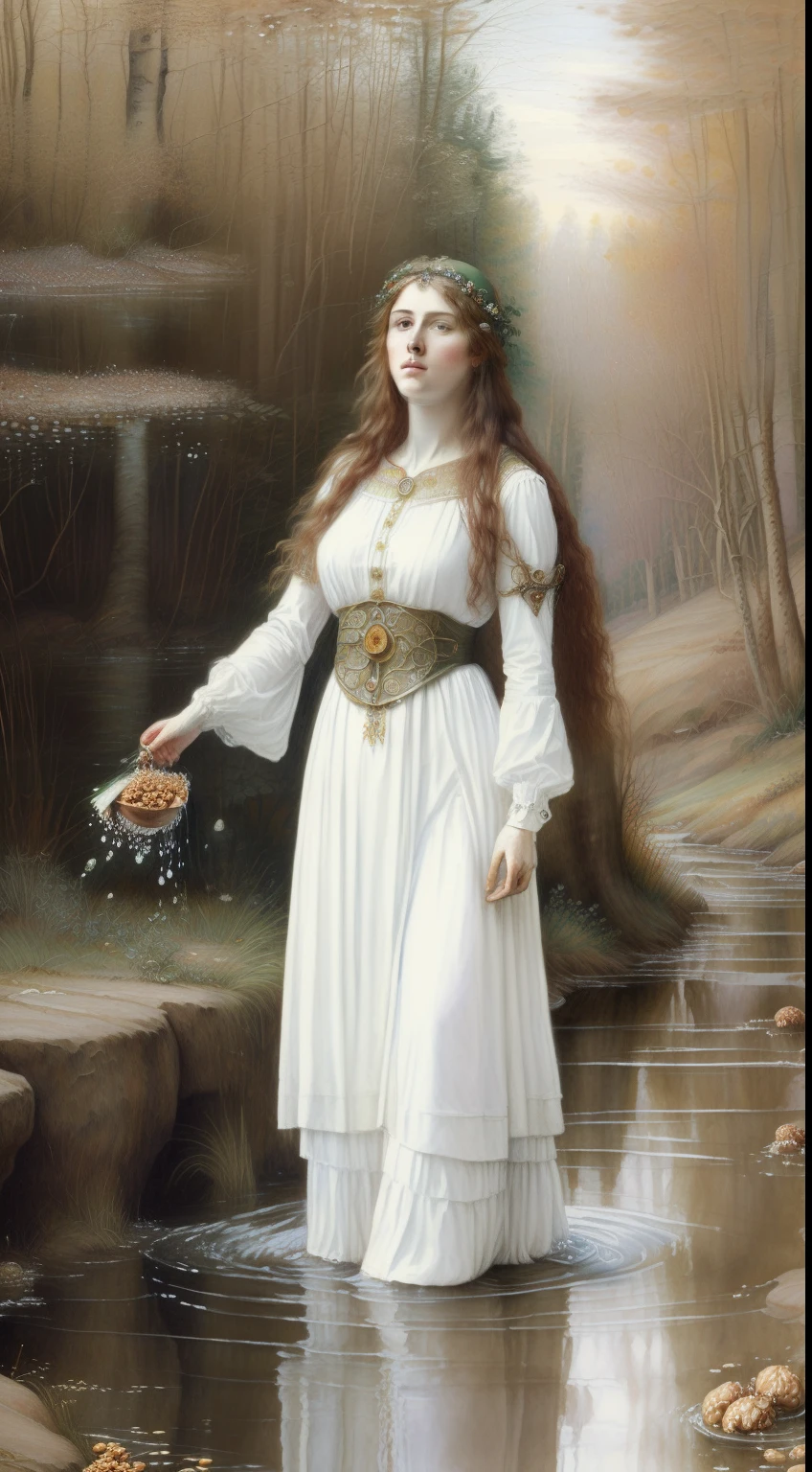 (((Pre-Raphaelite Celtic painting of a priestess dressed in white making an orphanage of hazelnuts in a stream, throwing hazelnuts into the water, oferenda, druida, aveleira, bosque de aveileiras)))