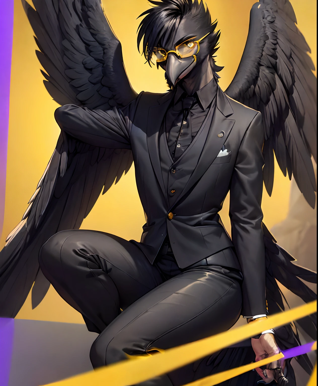 sfw,solo,male,((avian anthro furry:1.3)),(corvid:1.1),(black beak), (smug), avian, realistic bird eyes, black feathers, (black body), Athletic, (lavender gold eyes), wearing suit, ((winged-arms)), yellow tipped feathers, yellow tipped hair, spiked hair, ((wearing round glasses)), volumetric light, (yellow tail feathers), (sitting), (detailed mafia hideout background)