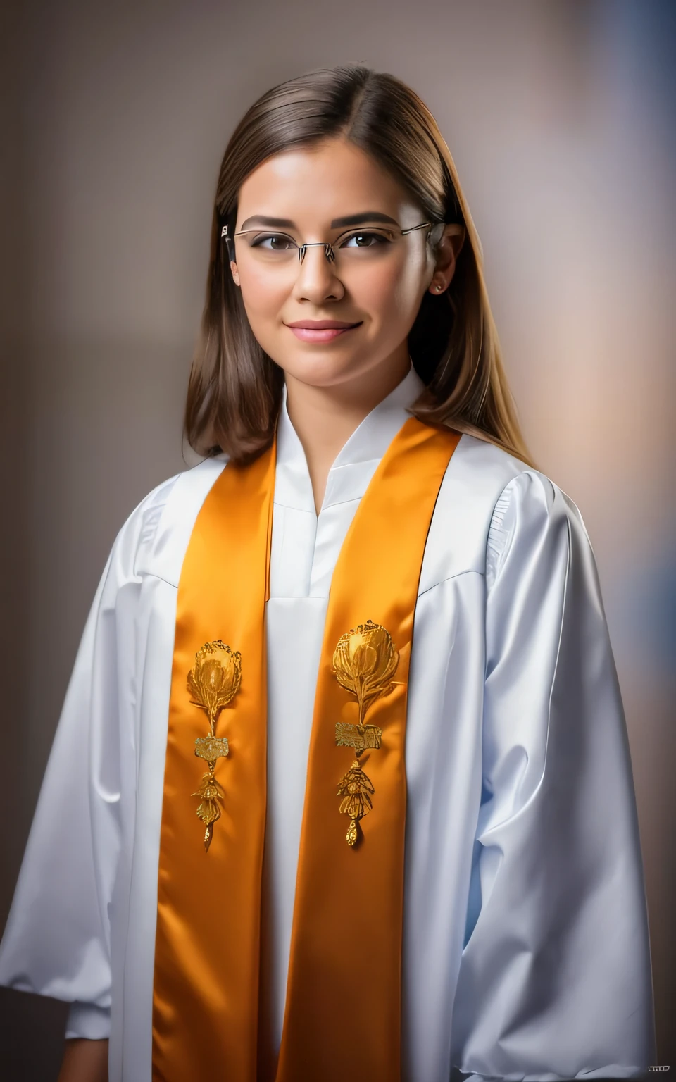 Young man wearing a prom dress and glasses, Foto de formatura, wearing an academic gown, retrato cerimonial, Alanis Guillen, head and shoulders shot, mid portrait, vestindo manto azul, foto de retrato detalhada, girl with glasses, retrato formal, Retrato no meio da foto, wearing lab coat and glasses, head and shoulders photography, tomada em 2 0 2 0