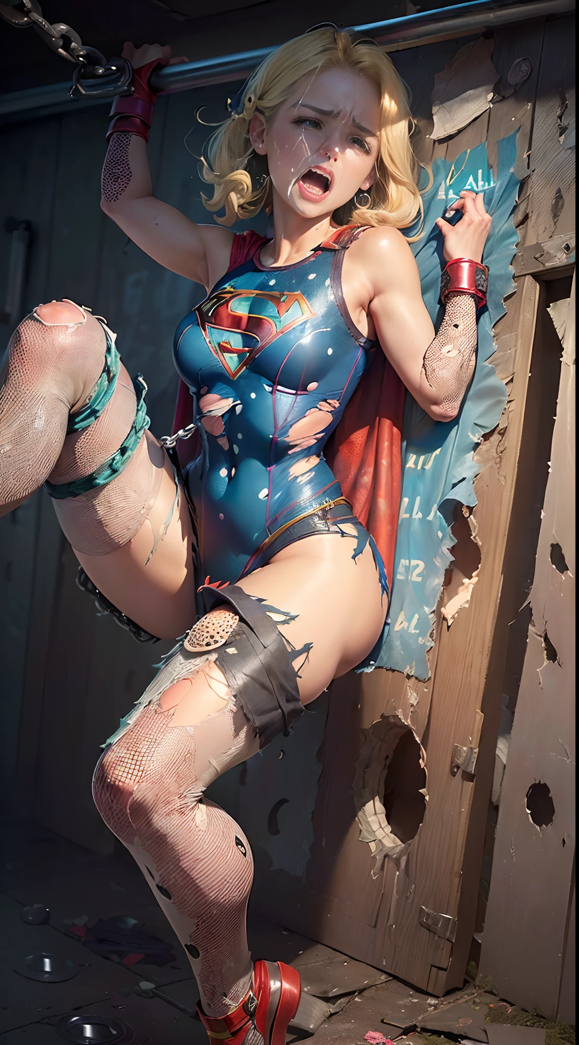(( Supergirl is without a skirt)) (( Supergirl esta sem capa)) ((3Supergirl usando salto alto stiletto)) (((slavery))) (((BDSM))) ((Her supergirl blouse is torn, seu traje de supergirl esta rasgado, Her Supergirl clothes are torn, his pantyhose are shredded and torn)) . SUPERHEROINE SUPERGIRL. (Supergirl is screaming). (Supergirl is crying a lot). ((Supergil is screaming in terror, Supergirl is terrified, Supergirl is crying a lot. ela tem cabelos loiros desarumados, ela tem cabelos compridos. Supergirl wore a suspension belt and Fishnet Footless pantyhose and maid lace line. (Sua urina corre pelas pernas dela, dripping on the floor. (Your body is all scratched.) Supergirl is tied up, de baixo, ((pernas abertas)), Captivity Bright erotic face, couro, (((escrava))) Supergirl amarrada com corda verde, corda verde cavando em seu corpo, acrobatic pose, perna alta, Containment, foco nítido, Mulheres Bonitas com Figura Perfeita, pernas finas, abdominais esguios, (((corte de camada, Grande, rosto muito detalhado e textura da pele, olhos detalhados, ((slavery)), Supergirl is in the dungeon of a castle. (( Supergirl's wrists are tied with handcuffs and chains. Supergirl's ankles are tied with handcuffs and chains)) (((Supergirl is wearing a sleeveless swimsuit that is all torn and full of holes)))