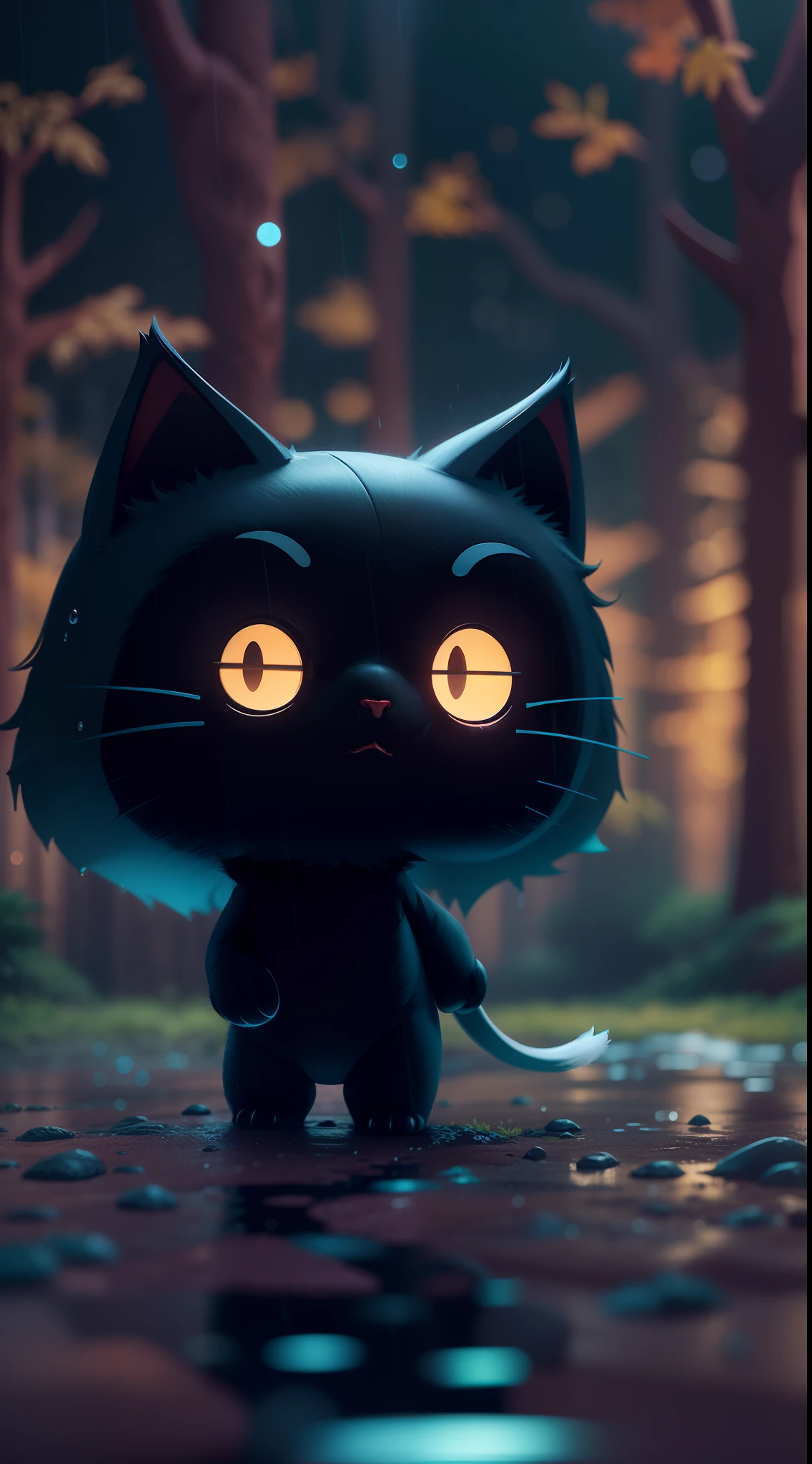 Create a vibrant dark fantasy cute ninja CAT in a clean-lined minimalistic cartoon style, in the background a beautiful forest, rain, octane render, 8k
