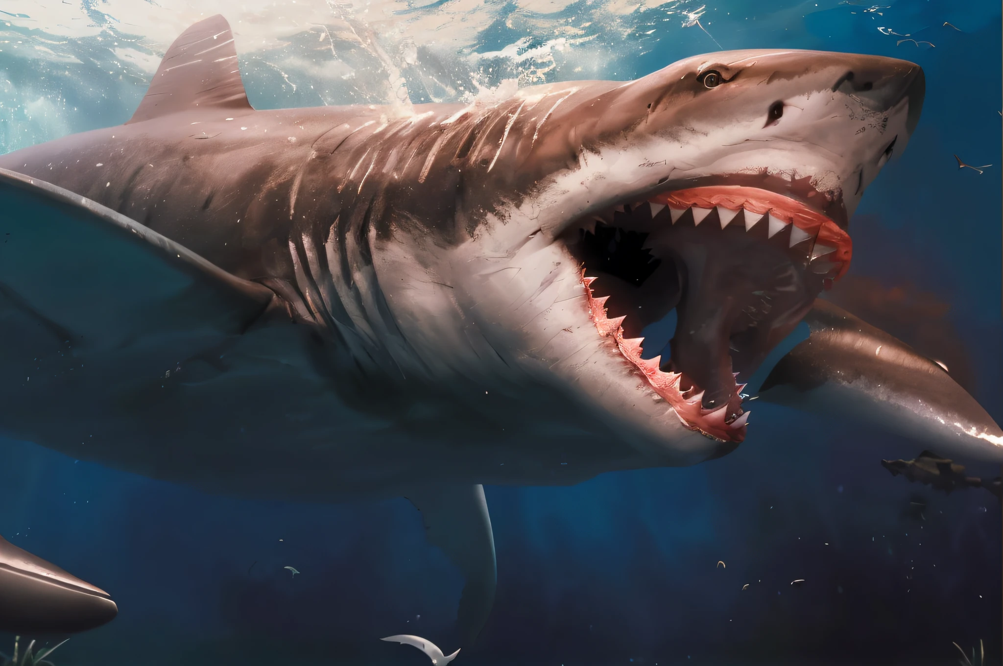 There is a shark with its mouth open and its mouth wide open, Megalodon, meu filho! the jaws that bite, A shark, Great white shark, Shark, maxilas, boca aberta em um rugido aterrorizante, Still from the movie Jaws, anthropomorphic shark, Shark, ultra realistic!!!, extremely realistic