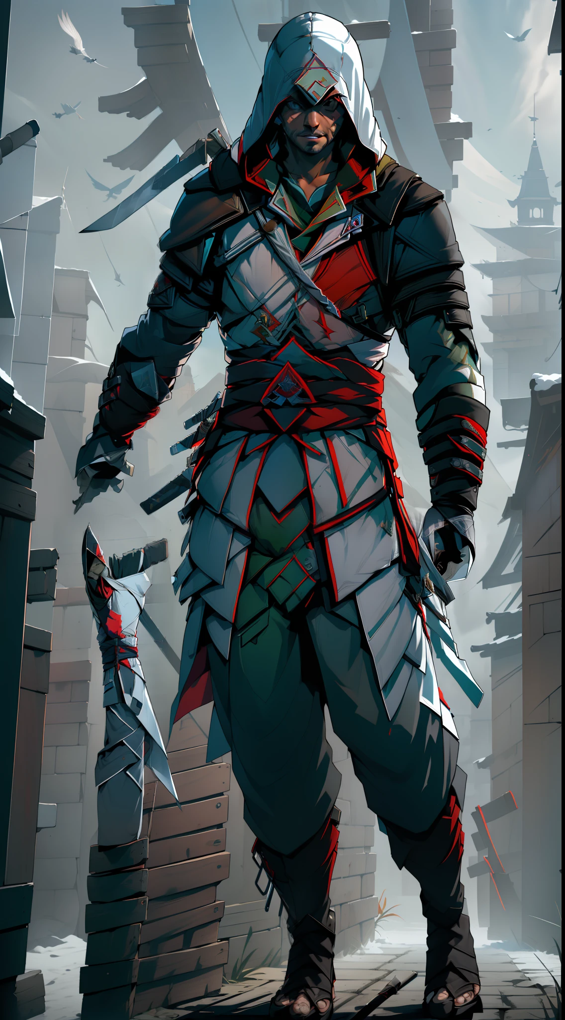 ((((Assassin's Creed)) solo, 1boy, (long sleeves), holding, (closed mouth), (full body standing), weapon, (male focus), boots, outdoors, day, belt, sword, pants, hood, cape, (black footwear), sash, bird, (shaded face), building, sheath, (hood up), sheathed, stairs, vambraces, (weapon on back), 4k))