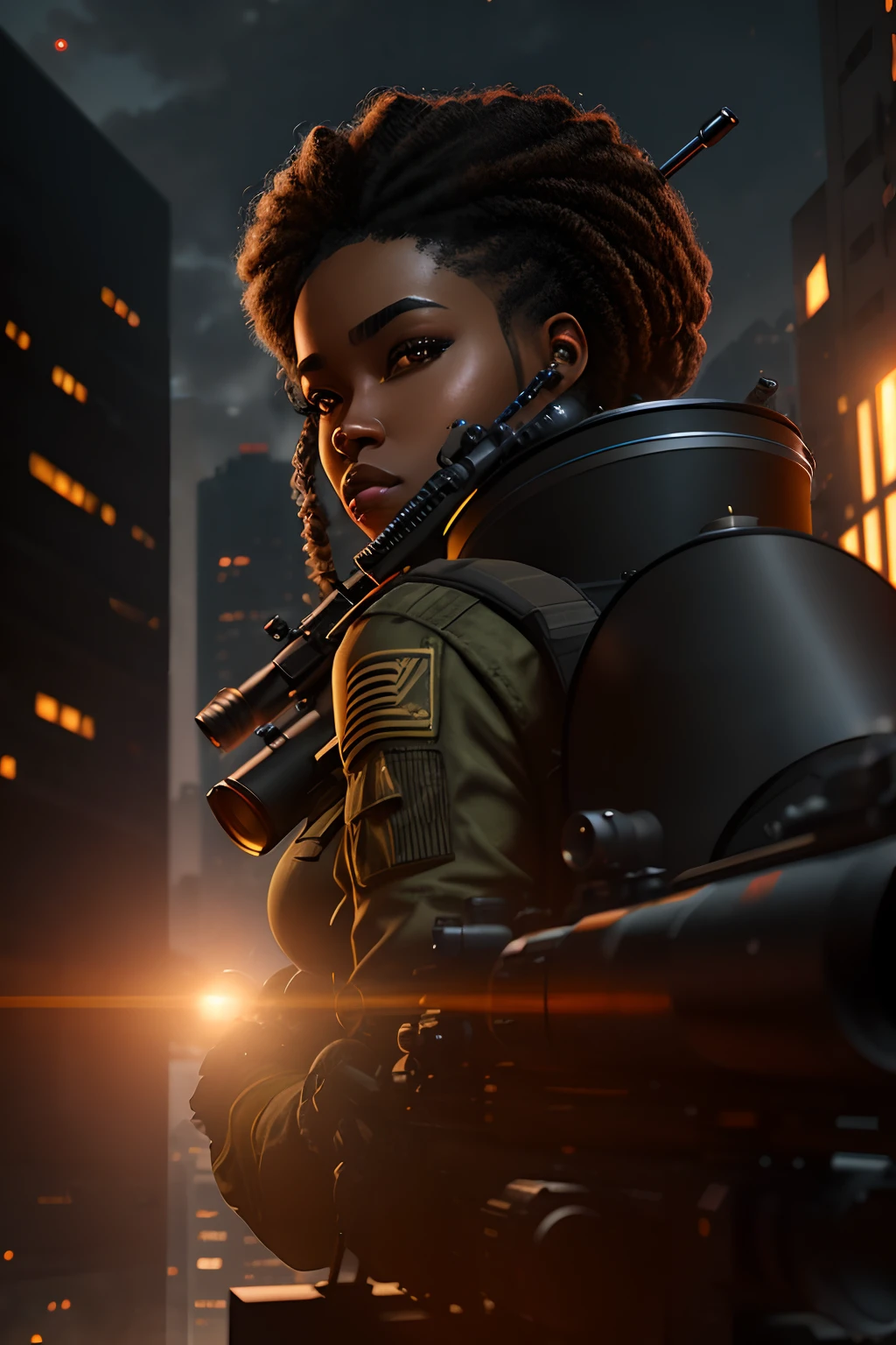 Black woman with a sniper rifle, looking through the scope, positioned on top of building shooting at the enemy on the street, photorealistic image, 8k, ultra HD, unreal engine rendered, cinematic lighting, artgerm style,