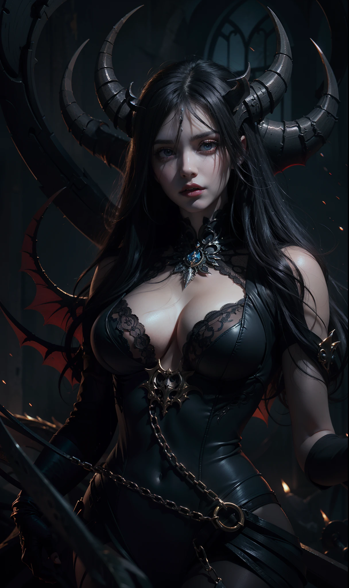 Beautiful portrait photograph of perfect ((demonic Succubus)), slender body, ((big heavy breasts)), shapeless long hair, tiny horns, (wearing revealing gothic outfit), perfect features, abstract beauty, near perfection, pure form, ((dynamic pose)), ethereal demonic background, ((dark shadows)),  ((rim lighting)), concept art by Greg Rutkowski and John William Waterhouse and Alphonse Mucha, stunning details, intricate details, 8k post-production, High resolution, super details, trending on ArtStation, sharp focus, depth of field f/1.8, studio photo.