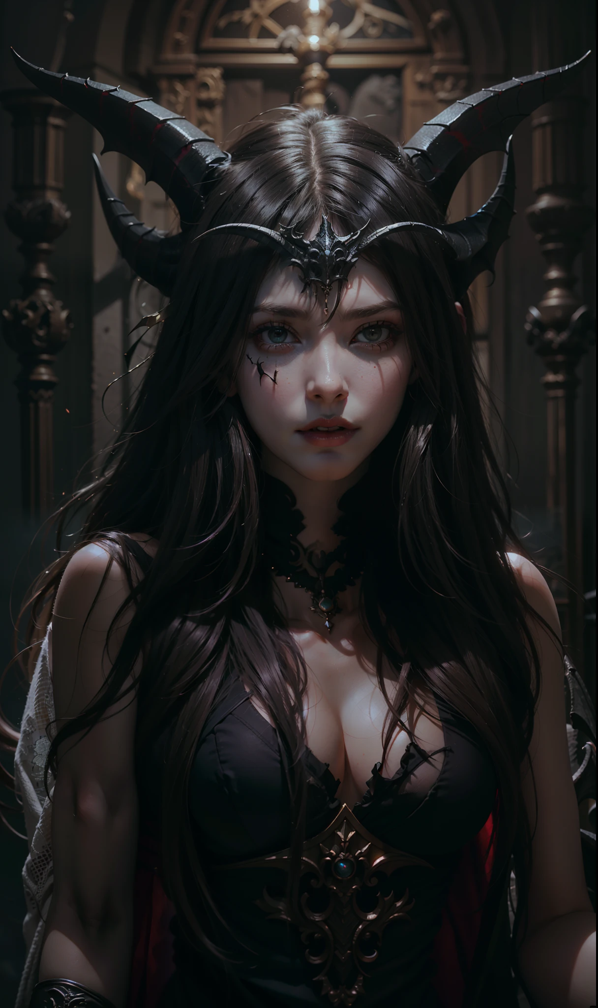 Beautiful portrait photograph of perfect ((demonic Succubus)), slender body, ((big heavy breasts)), shapeless long hair, tiny horns, (wearing revealing gothic outfit), perfect features, abstract beauty, near perfection, pure form, ((dynamic pose)), ethereal demonic background, ((dark shadows)),  ((rim lighting)), concept art by Greg Rutkowski and John William Waterhouse and Alphonse Mucha, stunning details, intricate details, 8k post-production, High resolution, super details, trending on ArtStation, sharp focus, depth of field f/1.8, studio photo.