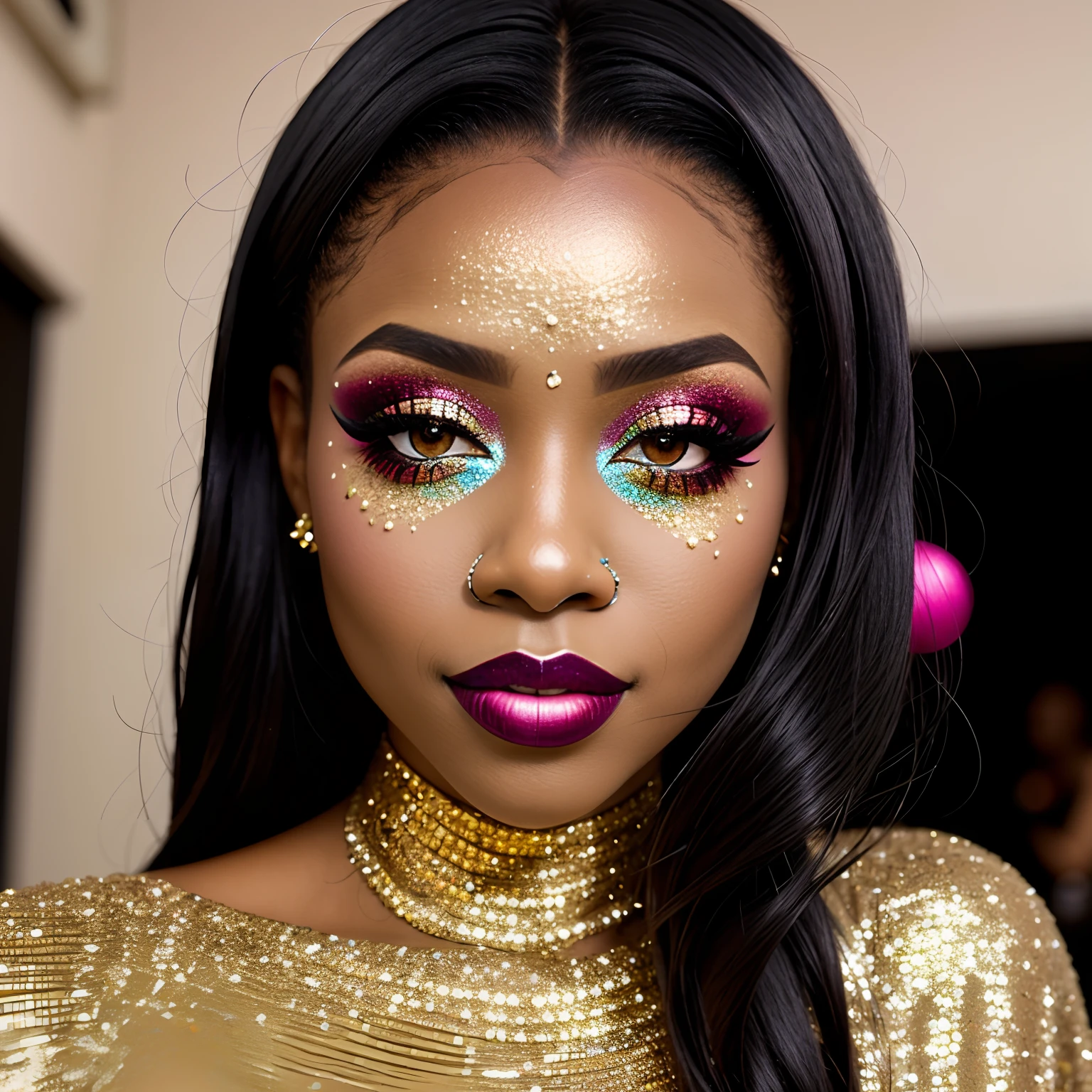 details, black skin details, glitter, makeup