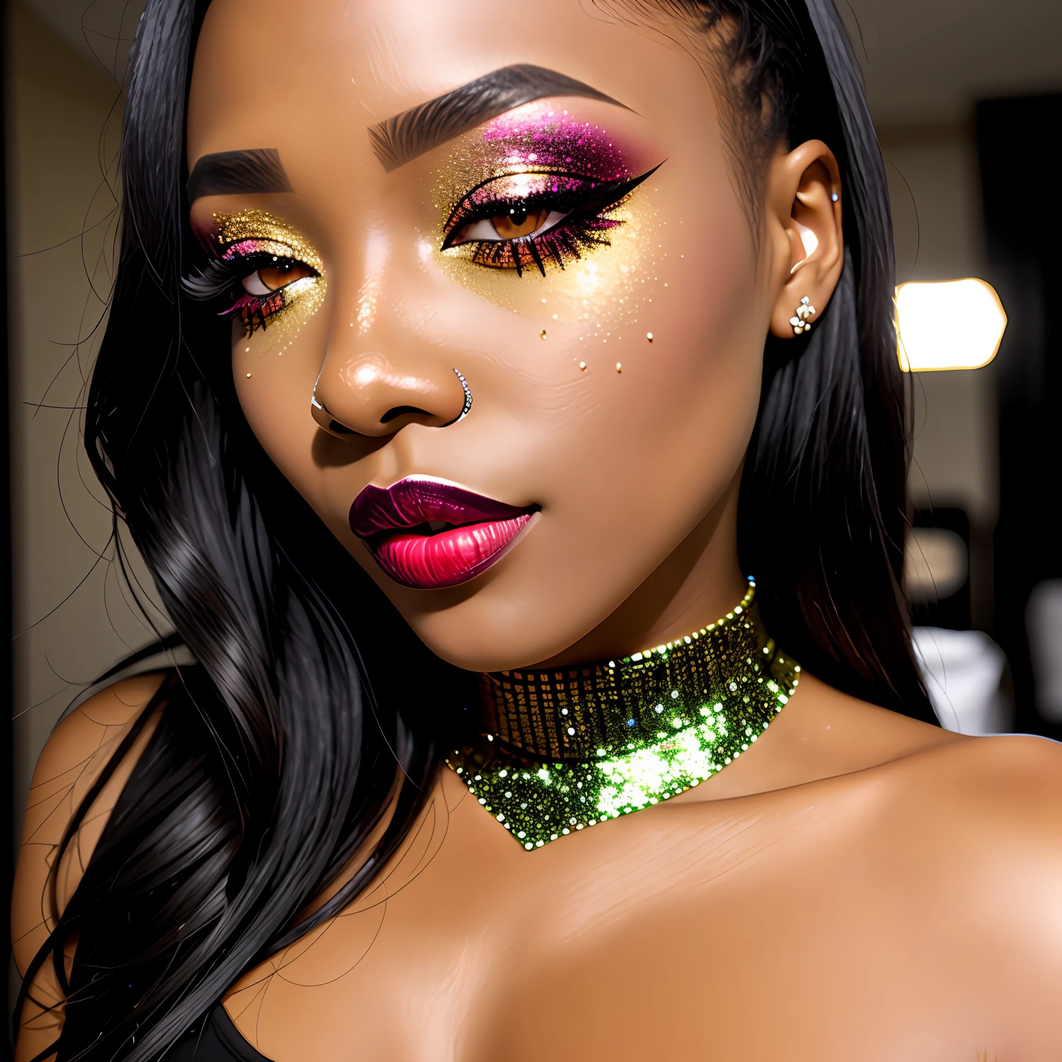 details, black skin details, glitter, makeup