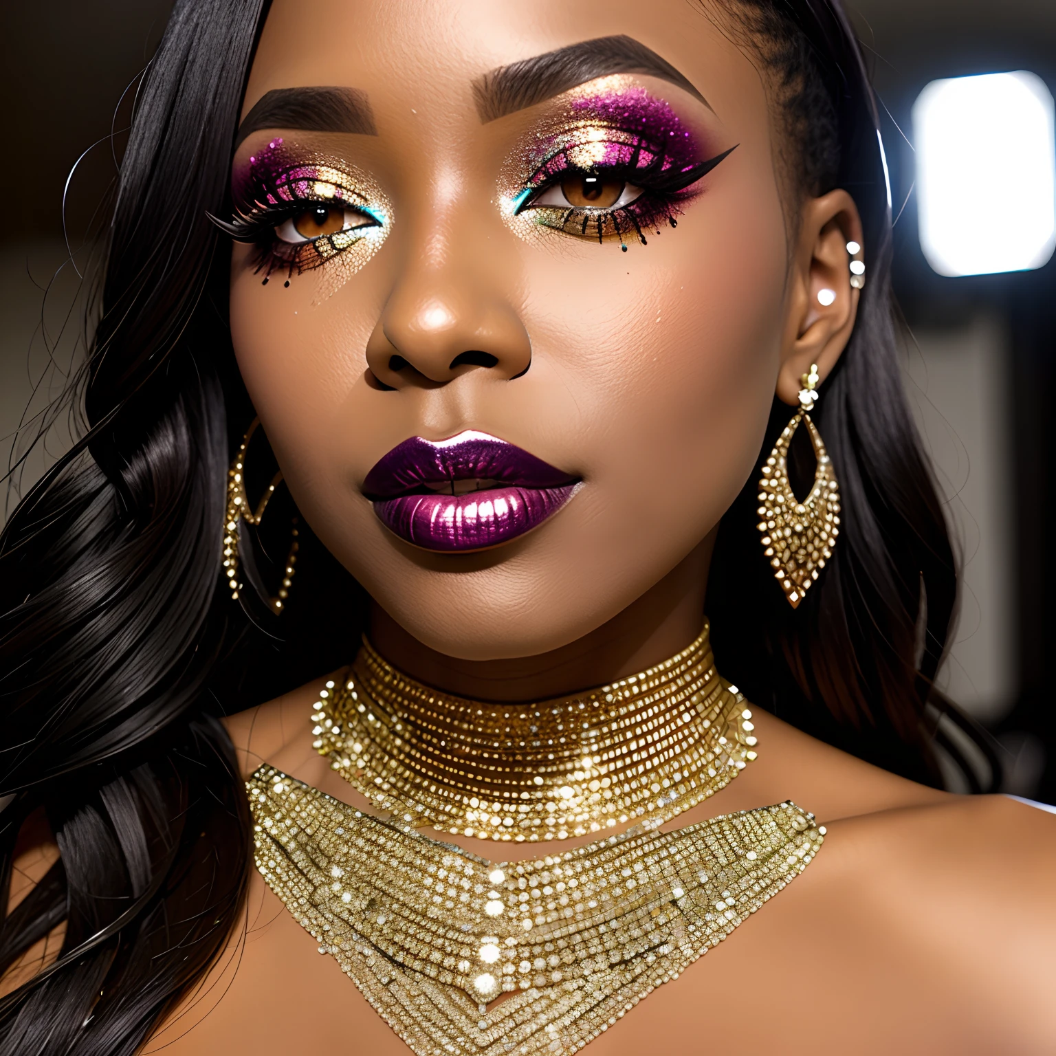 details, black skin details, glitter, makeup