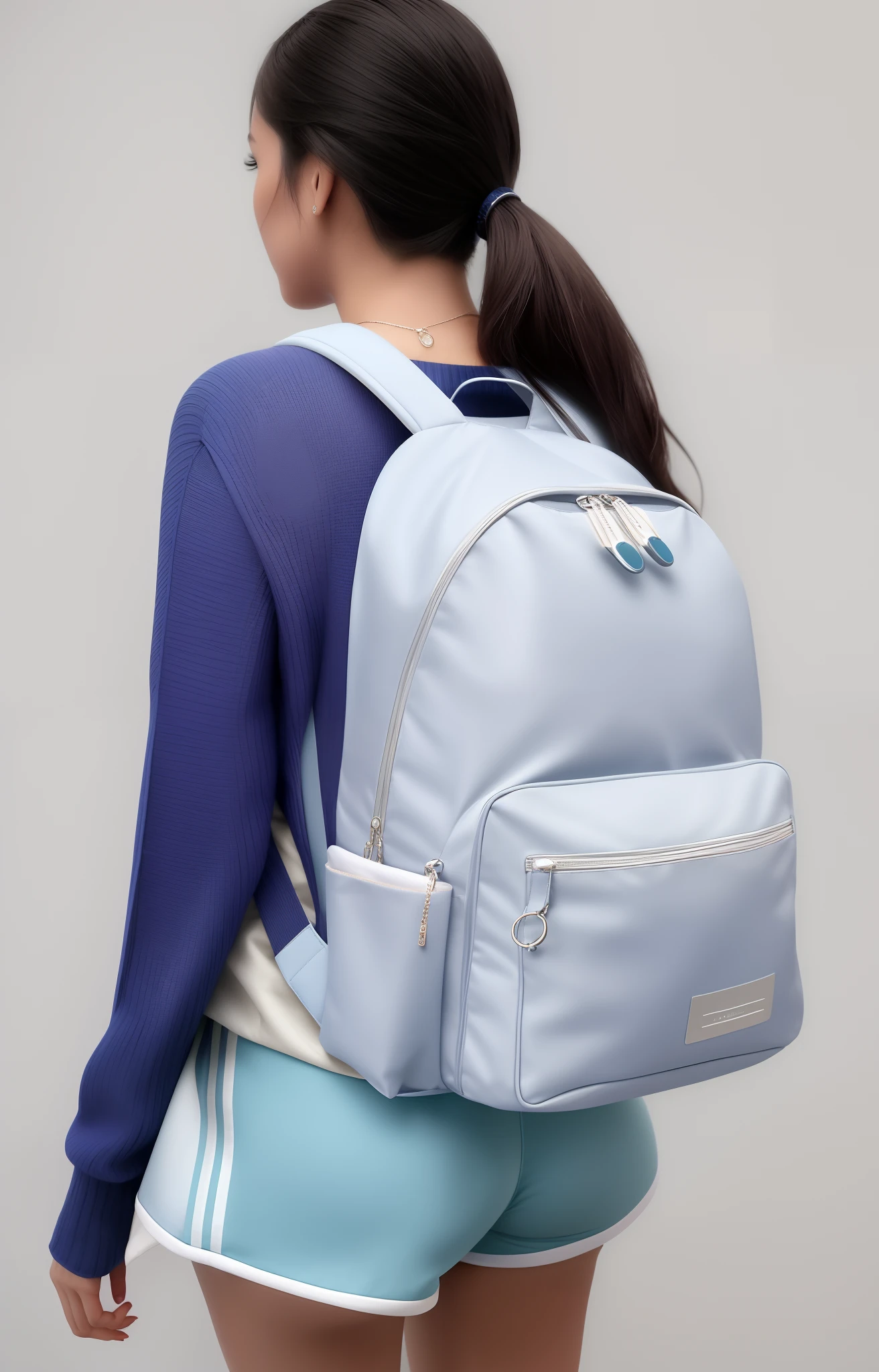 A beautiful woman in tennis shorts and blue sweater is carrying a backpack, uma mochila, mochila, com uma mochila, mochila disco de controle remoto, Cool tonalizado, Propriedade tonificada, accentuated booty, foi', acentos iridescentes brilhantes, Curtas da Academia, Metal refletivo, Foto do produto, ao entardecer!, toneladas perolados |, Noite ao entardecer, Metal refletivo, vivid detail, dusk setting, pele perolada