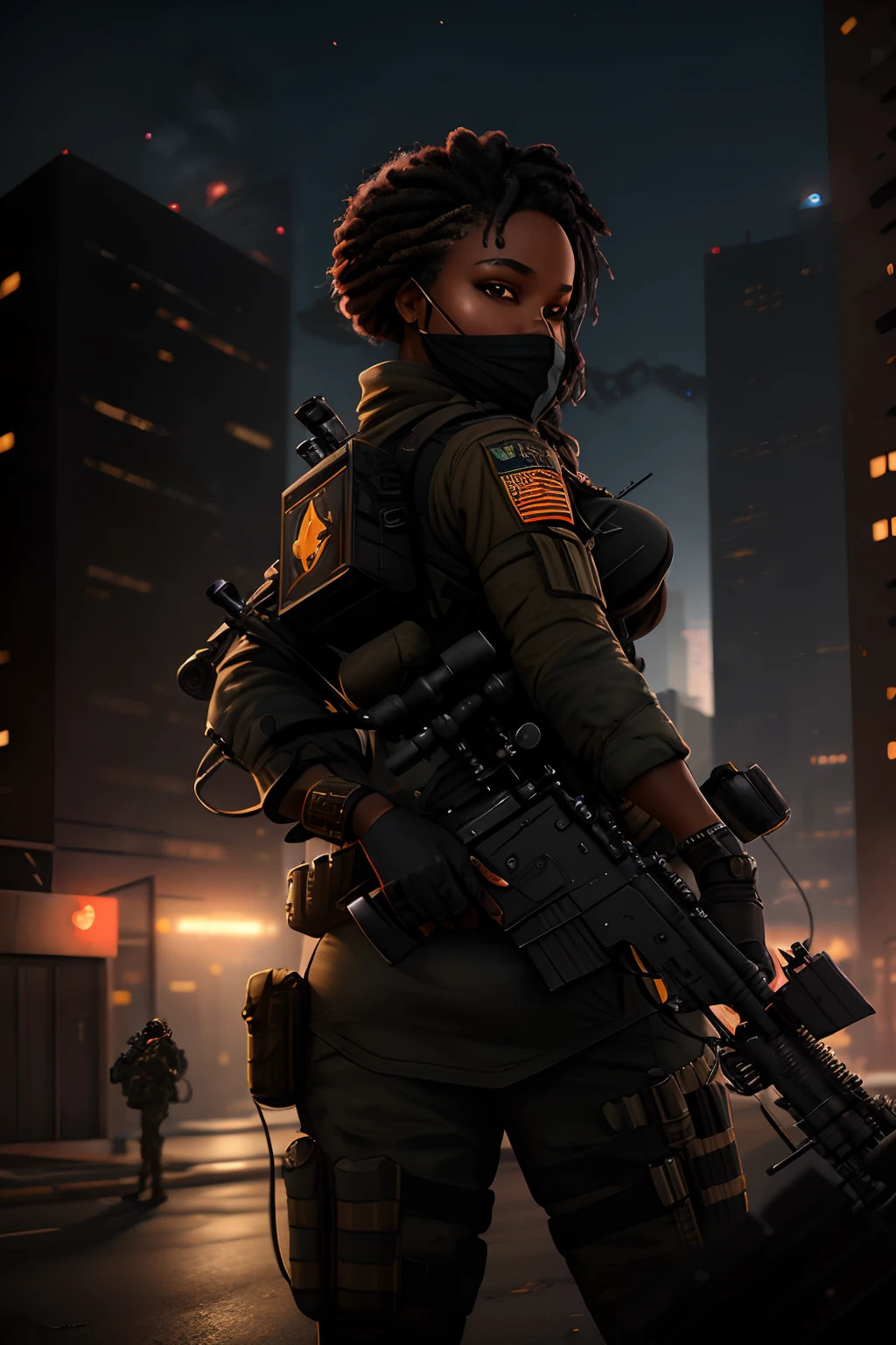 Black woman with a sniper rifle, looking through the scope, positioned on top of building shooting at the enemy on the street, photorealistic image, 8k, ultra HD, unreal engine rendered, cinematic lighting, artgerm style,