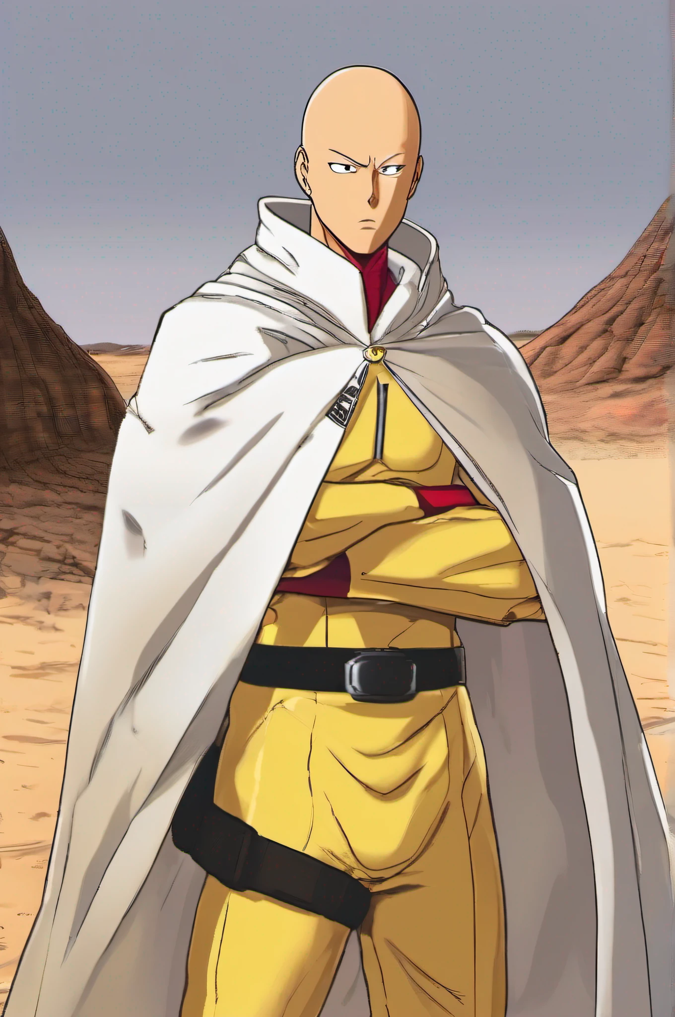 saitama usando sua roupa amarela de heroi, capa branca luva e bota vermelha, no deserto