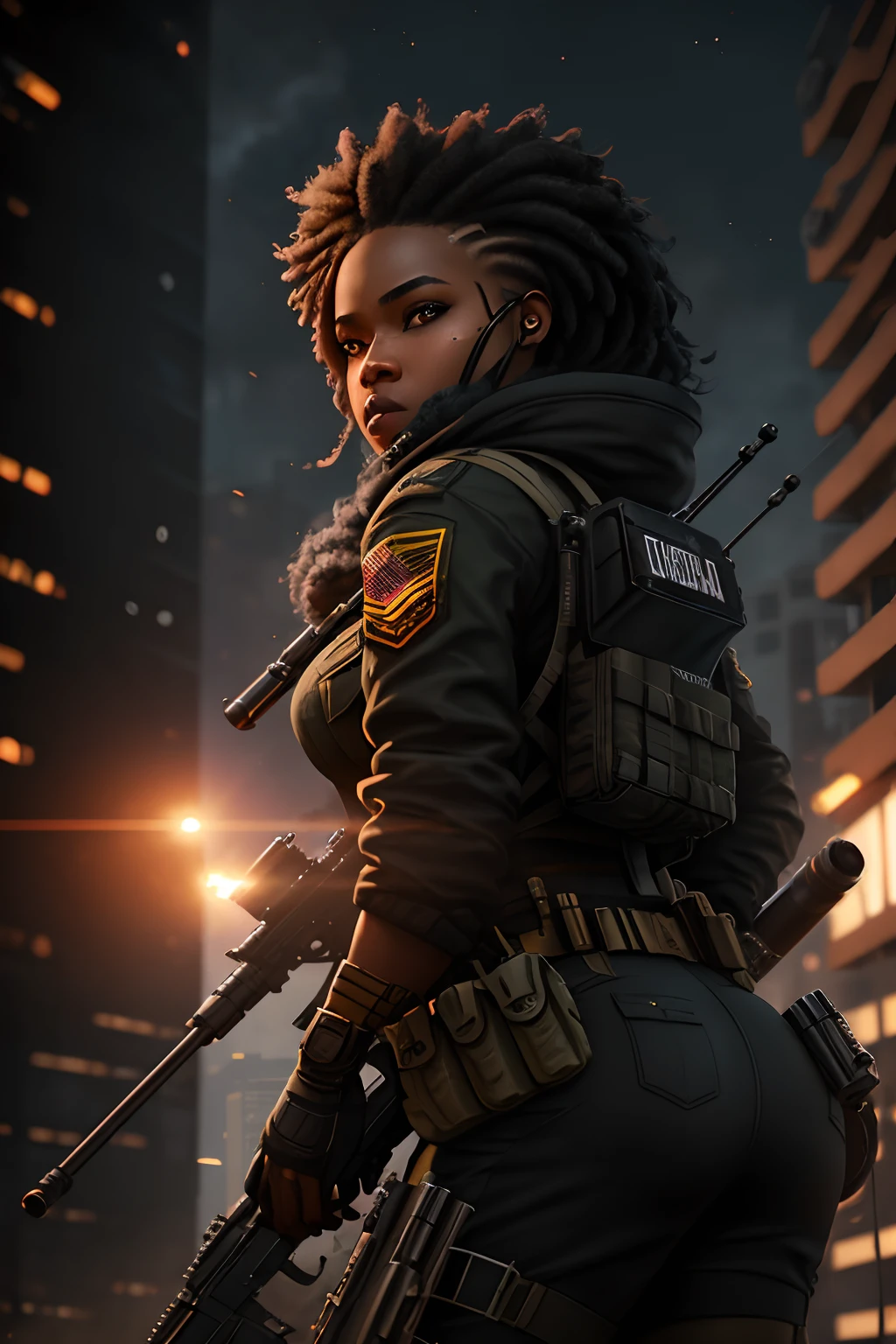 Black woman with a sniper rifle, looking through the scope, positioned on top of building shooting at the enemy on the street, photorealistic image, 8k, ultra HD, unreal engine rendered, cinematic lighting, artgerm style,