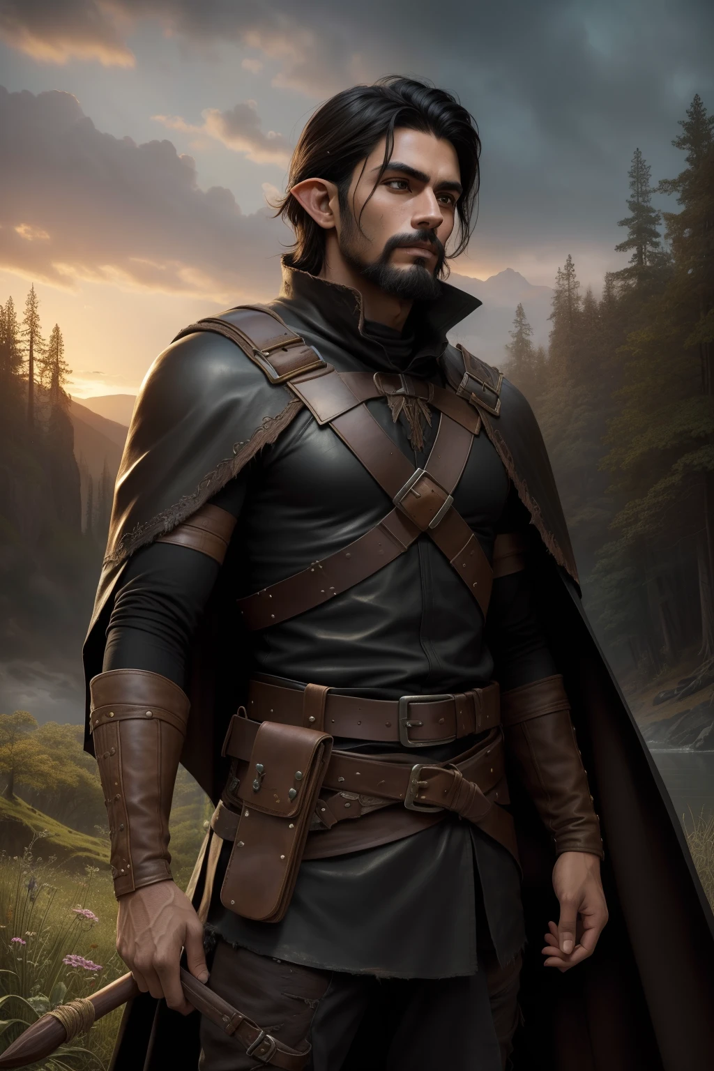 closeup of 1 brown elf 20 years old, mexican, (dressed in old torn dirty black leather clothes with a long black cape. Has a black leather sheath at the right of his waist, with a small satchel on his left waist) walking in the forest, at sunset, black hair over shoulders, short goatee beard, pointing ears, beautiful sky, (oil painting), classical art: 0.4, detailed, intricate, (fantasy art), muted color: 0.25, best quality, good anatomy, good composition, good proportions, good design, dynamic pose, good pose, realistic sky, realistic backgrounds, (cinematic), (highest quality, award-winning, masterpiece:1.3), (art by Arthur Rackham:0.5), (((natural colors)))), (photorealistic:1.4)