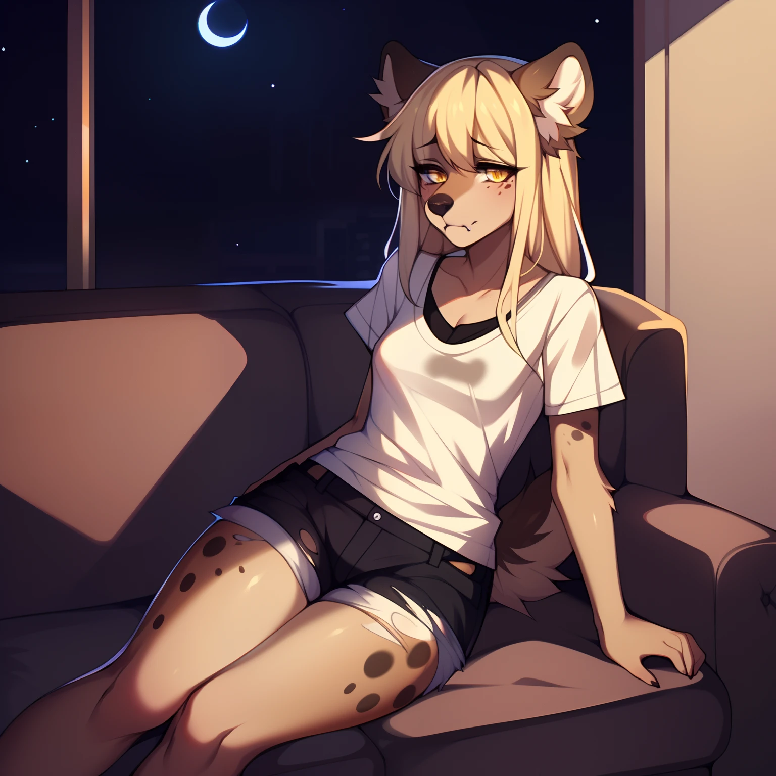 (By hyattlen, by fumiko, by claweddrip):1.2, solo, one girl, a cute tan anthro furry hyena girl, female, fluffy brown ears, (tan_fluffy_body:1.1), black nose, faded yellow eyes, (cute_snout:1.1), fluffy tail, long blonde hair, visible fangs, small perky breasts, naked, nude, no clothes, spreading open vagina, leaning back on chair , legs spread, detailed breasts, detailed vagina, gloomy, looking away, dark room, shadows, detailed intricate background, dimly lit room, nighttime, shooting star outside window, (long-shot:1.1)
