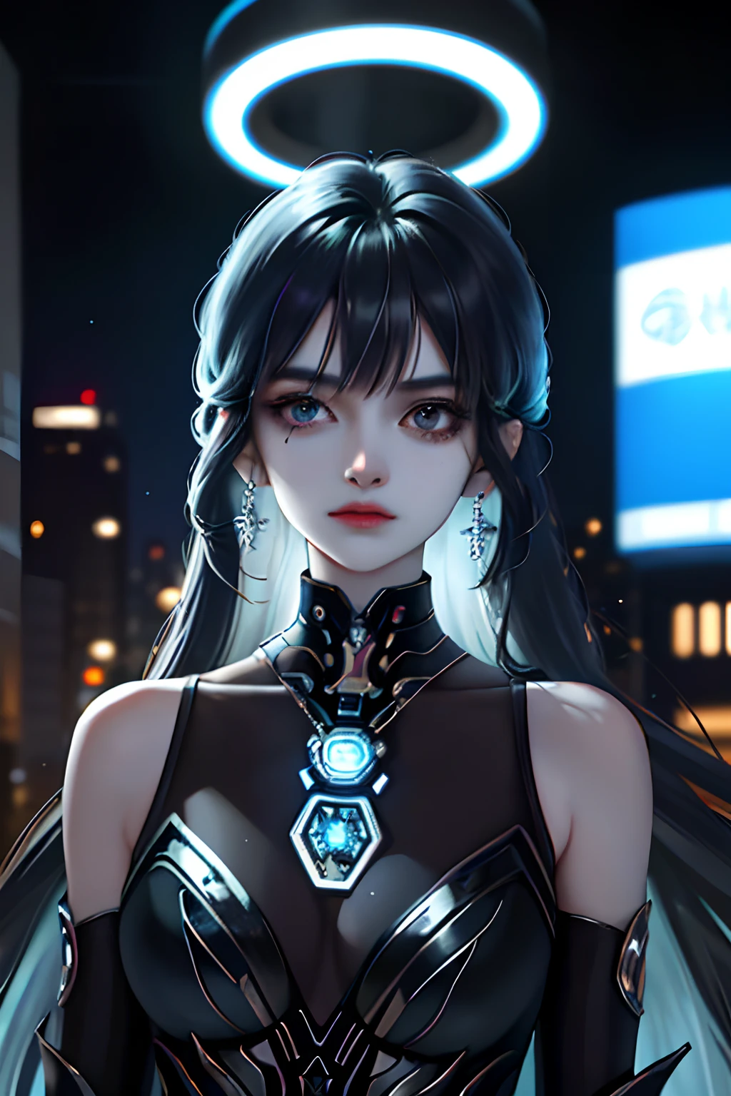 In a dystopian cityscape with flashing neon lights, In flickering holographic billboards and towering metal structures, Standing an extraordinary young woman，She seems to embody grace and strength. Her striking appearance immediately attracted attention，Because her long hair pours down in light blue and black tones, Sparkling like a string of stardust. Her skin, With a subtle metallic sheen, Hint at a world where technology and biology are intertwined in unimaginable ways. Decorated with intricate jewelry，It glows softly under embedded nanolight, She exudes elegance，In stark contrast to the gritty urban environment that surrounds it。. Delicate earrings hang down from her ears, Each piece is a miniature work of art, It embodies the fusion of artistry and advanced craftsmanship，Define her era. inca, What really caught the eye was the futuristic gray gun in her hand，Both familiar and respectful. guns, The embodiment of cutting-edge engineering, Sleek lines and modular design，It hints at its adaptability to various combat scenarios. Its metal surface integrates seamlessly with the advanced nanotechnology interface on her wrist, Form a symbiotic relationship between women and weapons. Unique in this unforgiving world, She seems undaunted by the challenges around her. Her eyes, A combination of determination and contemplation, Betrayal a story of resilience and courage. Not just a woman with a gun; She is a symbol of humanity's indomitable spirit, Perseverance in the face of adversity. When the city buzzes，The muffled roar of machinery and the distant echoes of changing societies, She still shows a personal ability to adapt, survive, Thrive even in the most uncertain future.