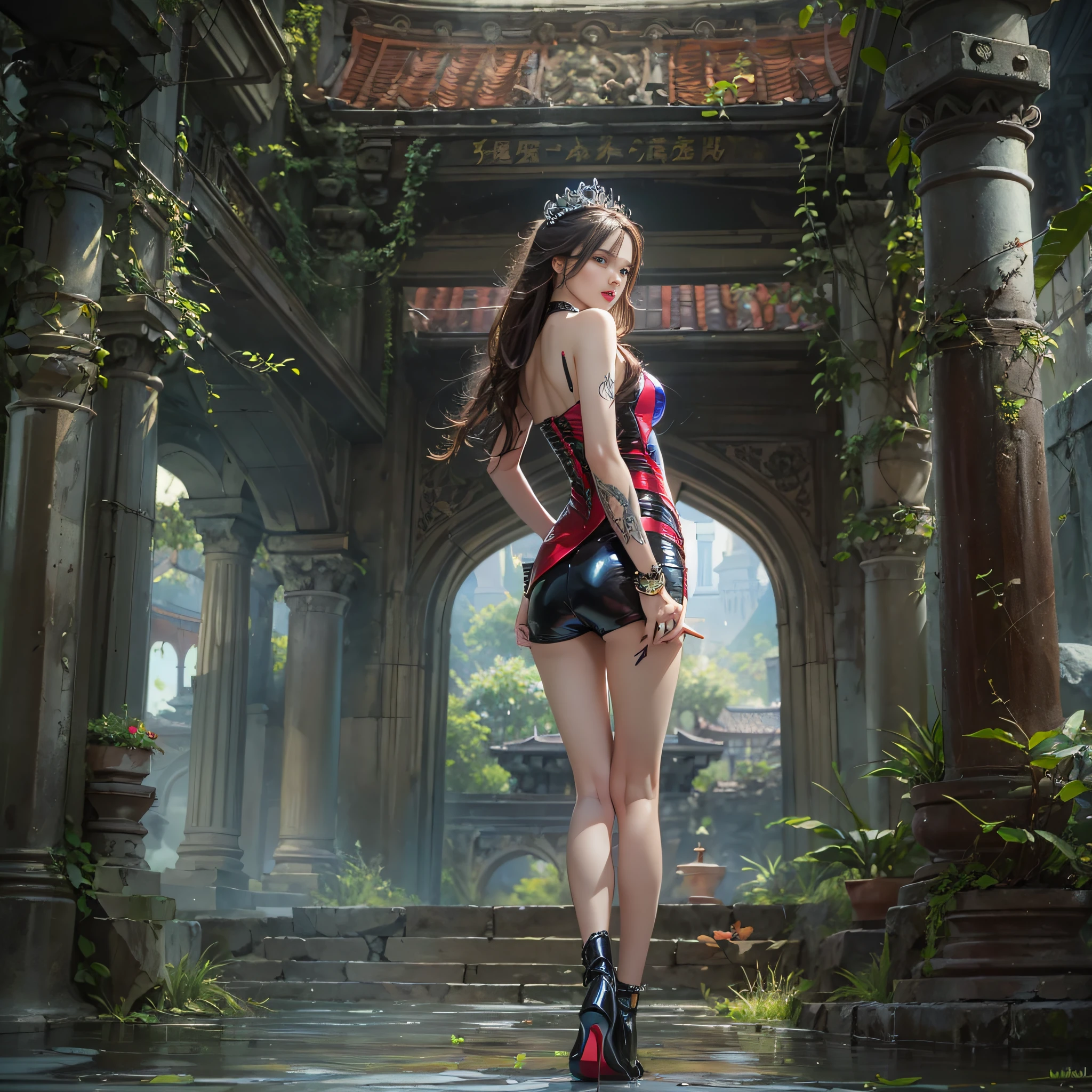 ((​masterpiece:1.4)、(top-quality:1.4)、(reallistic:1.7))、Beautiful girl strolling in the garden of fantastic ancient city、Sexy Daughter、Super beautiful girl、1girl in:1.4、Dress like a queen、Glossy luxury latex、Luxury Latex Bodysuit、By Luis Royo、age19、Super Ultra Ultra Bikini、Outstanding style、Slender Abs、beauty legs、Beautiful ass、A detailed eye、beautidful eyes、Raw photo、red-lips、Red high heels、a choker、a necklace、耳Nipple Ring、Fantasy of ancient cities、Fantasy World