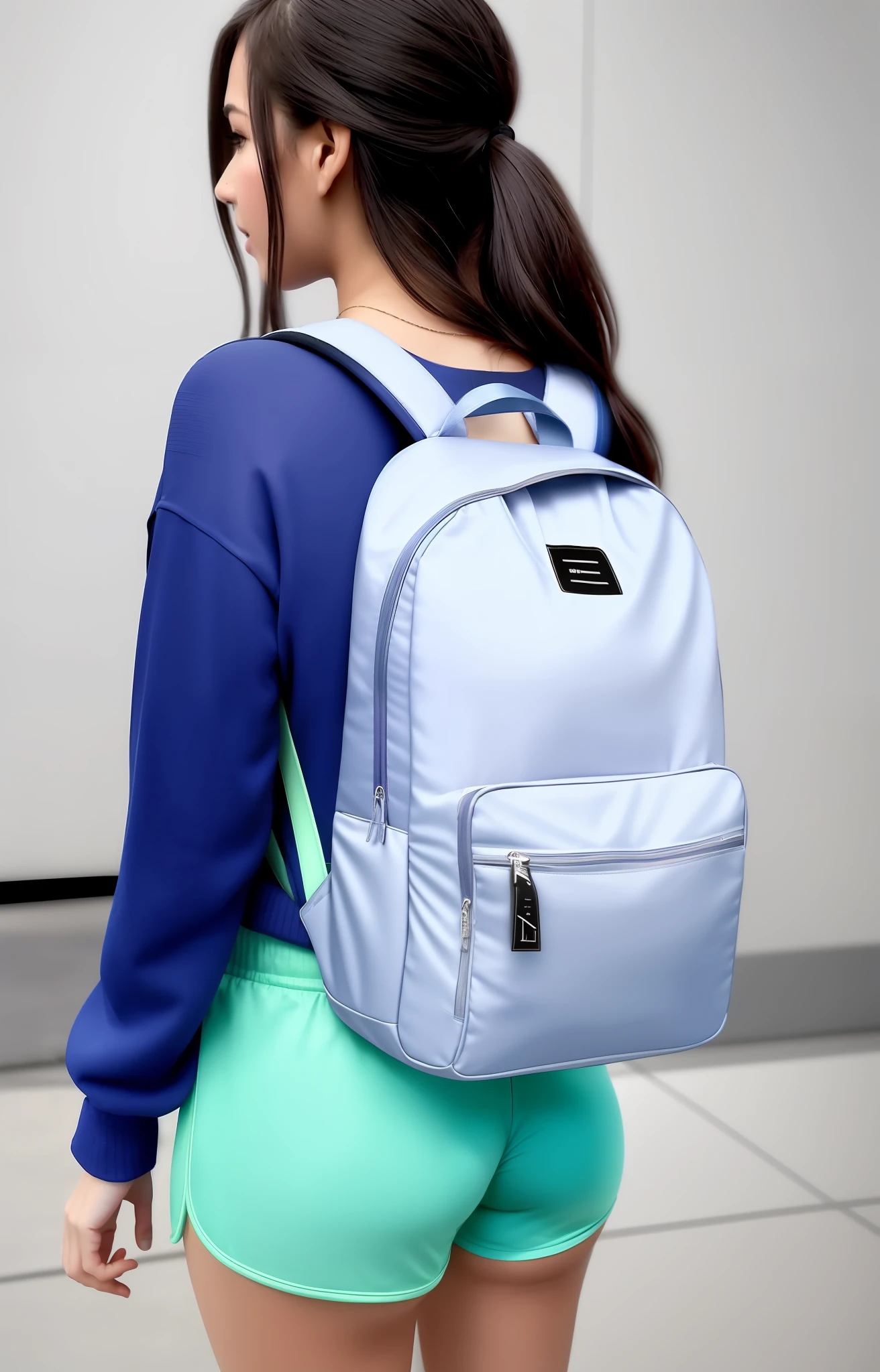 A beautiful woman in tennis shorts and blue sweater is carrying a backpack, uma mochila, mochila, com uma mochila, mochila disco de controle remoto, Cool tonalizado, Propriedade tonificada, accentuated booty, foi', acentos iridescentes brilhantes, Curtas da Academia, Metal refletivo, Foto do produto, ao entardecer!, Toneladas perolados |, Noite ao entardecer, Metal refletivo, vivid detail, dusk setting, pele perolada