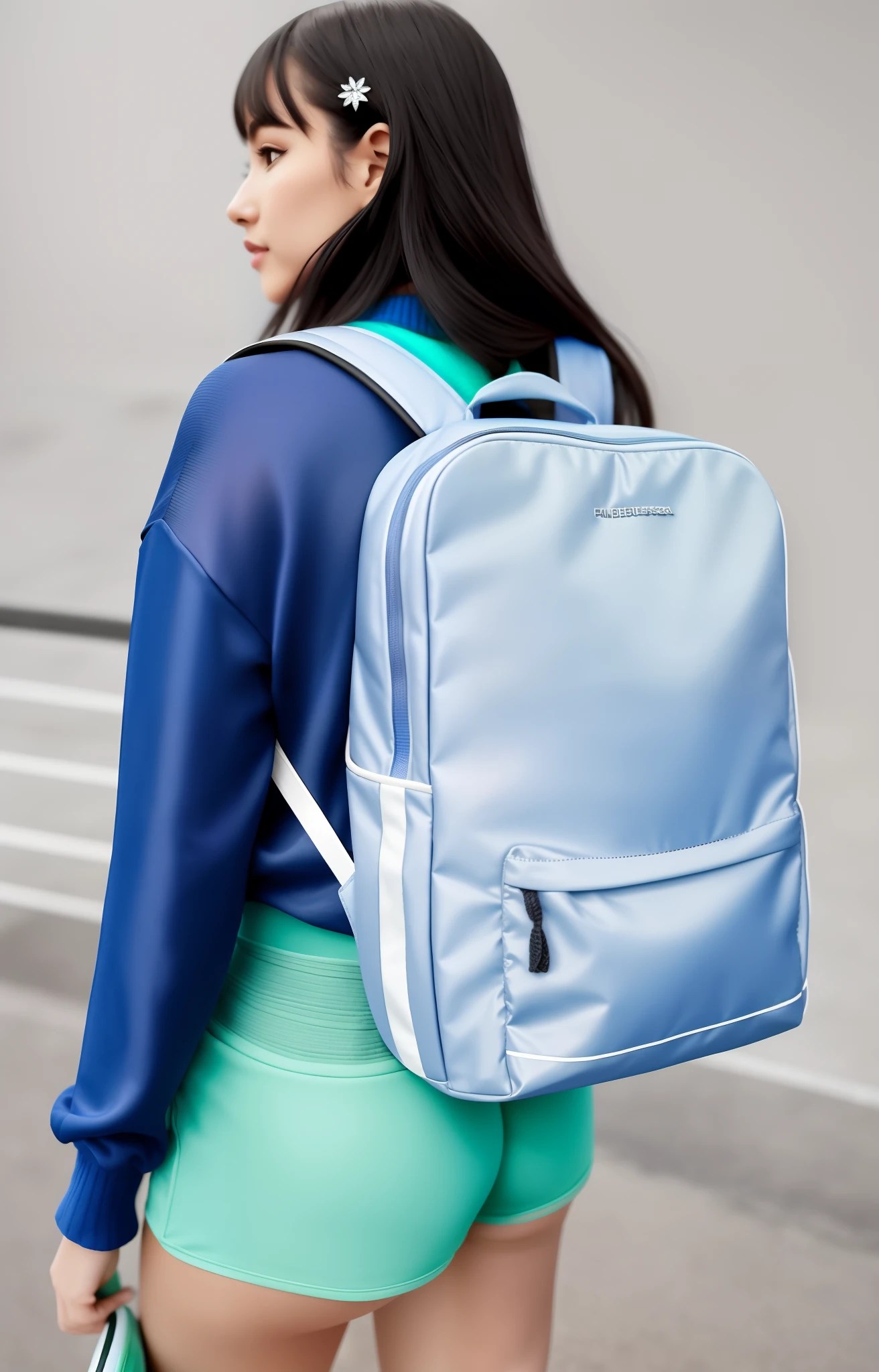 A beautiful woman in tennis shorts and blue sweater is carrying a backpack, uma mochila, mochila, com uma mochila, mochila disco de controle remoto, Cool tonalizado, Propriedade tonificada, accentuated booty, foi', acentos iridescentes brilhantes, Curtas da Academia, Metal refletivo, Foto do produto, ao entardecer!, Toneladas perolados |, Noite ao entardecer, Metal refletivo, vivid detail, dusk setting, pele perolada