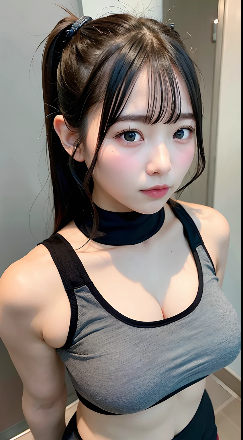 , Adorable, japanaese girl, sixteen years oldTops、 (Flat nose:1.1), shairband、hair scrunchie, poneyTail  , (High color saturation,catchlight:1.0),  (highlydetailed skin), (Best Quality:1.0), (超A high resolution:1.0) ,(photographrealistic:1.0), (ultra-detailliert:1.0), (8K, Raw photo:1.1),( Smile:0.8),Looking at Viewer、flat chest