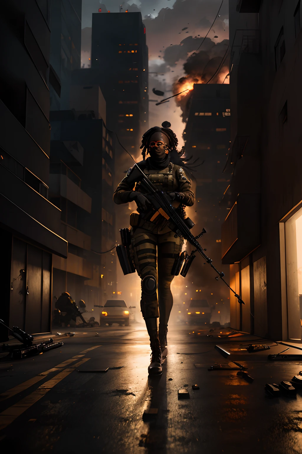 Black woman with a sniper rifle on top of building shooting at the enemy on the street, photorealistic image, 8k, ultra HD, unreal engine rendered, cinematic lighting, artgerm style,