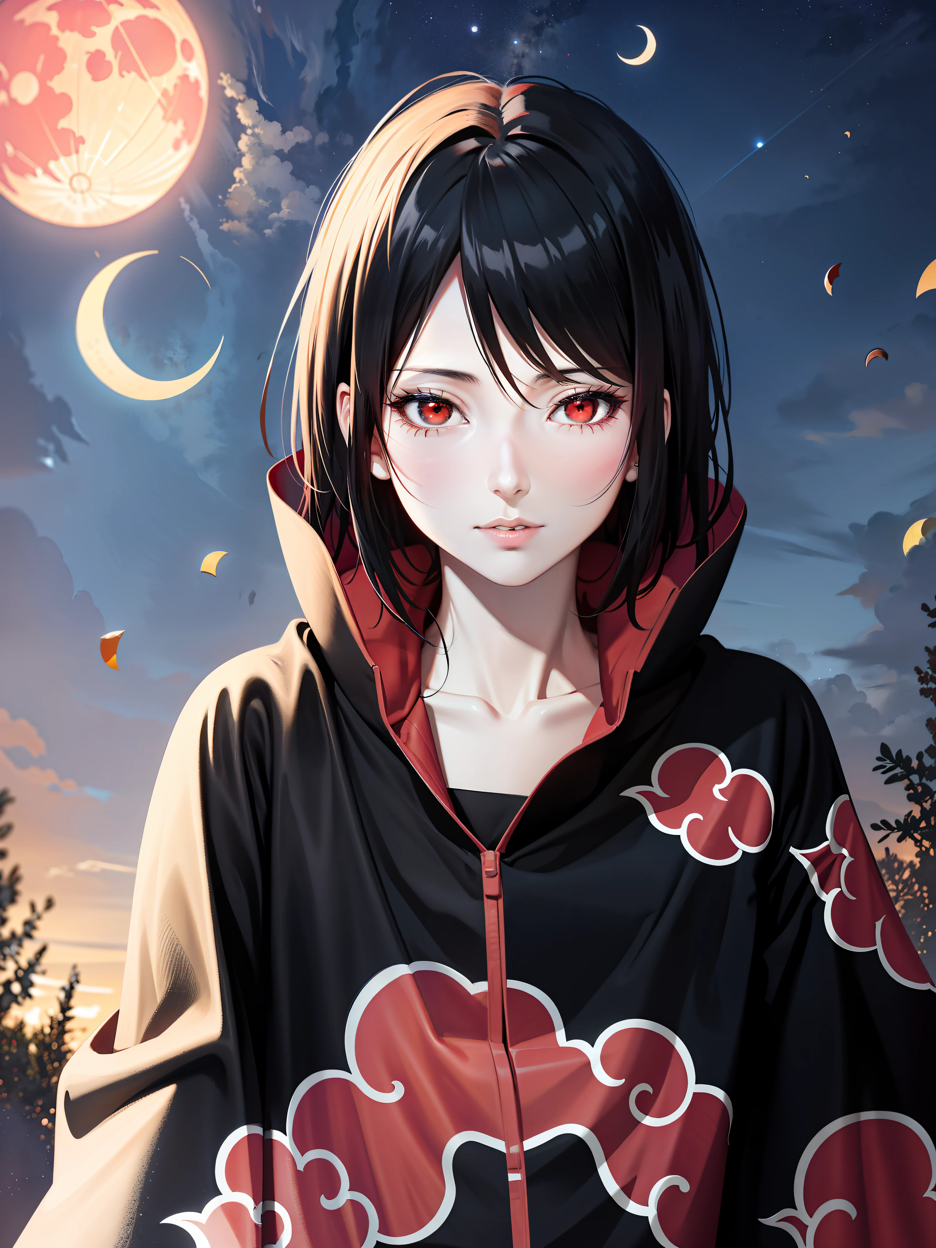 (masterpiece), (best quality), ultra high res, professional artwork, ultra detailed, intricate, detailed face, perfect lighting, 1girl, black hair, (red eyes), AKATSUKI OUTFIT, ninja, black cloak, black coat, high collar, collarbone, head, night, night sky, crescent moon, red moon, outdoors, (cowboy shot, far shot)