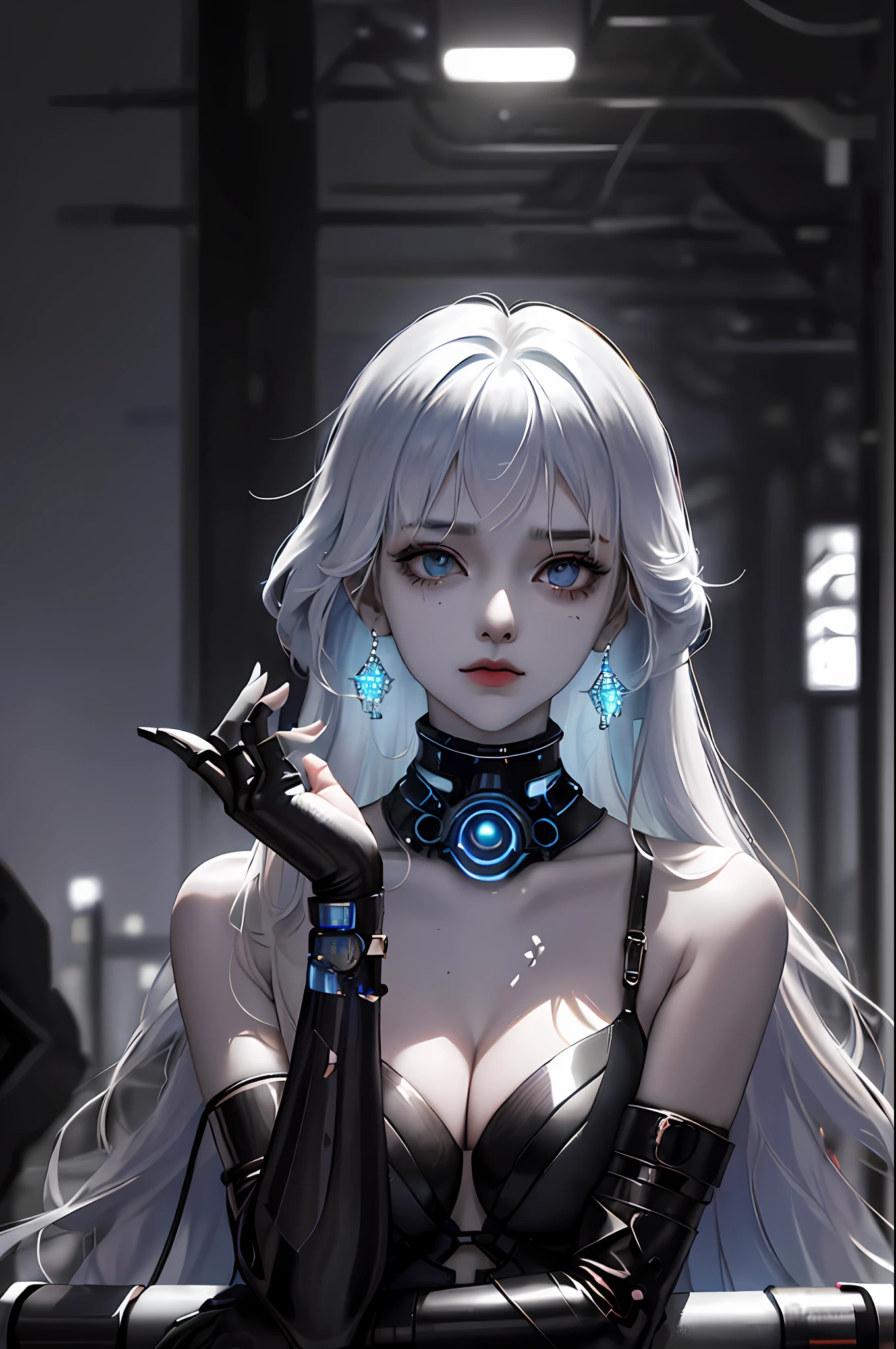 In a neon-lit dystopian cityscape, amidst the flickering holographic billboards and towering metallic structures, stood a remarkable young woman who seemed to embody both grace and power. Her striking appearance immediately drew attention as her long hair cascaded down in shades of light blue and gray, shimmering like a cascade of stardust. Her skin, with a subtle metallic sheen, hinted at a world where technology and biology intertwined in ways unimaginable. Adorned with intricate jewelry that glowed softly with embedded nanolights, she exuded an air of elegance that contrasted sharply with the gritty urban environment around her. Elaborate earrings dangled from her ears, each piece a miniature work of art, reflecting the fusion of artistry and advanced craftsmanship that defined her era. Yet, what truly captured one's gaze was the futuristic grey gun she held with a sense of both familiarity and respect. The gun, an embodiment of cutting-edge engineering, featured sleek lines and a modular design that hinted at its adaptability for various combat scenarios. Its metallic surface seamlessly integrated with the advanced nanotech interface on her wrist, forming a symbiotic relationship between woman and weapon. Standing solo in this unforgiving world, she appeared undaunted by the challenges that surrounded her. Her eyes, a mix of determination and quiet contemplation, betrayed a story of resilience and courage. This was not just a woman with a gun; she was a symbol of the indomitable spirit of humanity, unyielding in the face of adversity. As the city hummed with the low thrum of machinery and the distant echoes of a society in flux, she remained a testament to the capacity of individuals to adapt, survive, and thrive even in the most uncertain of futures.